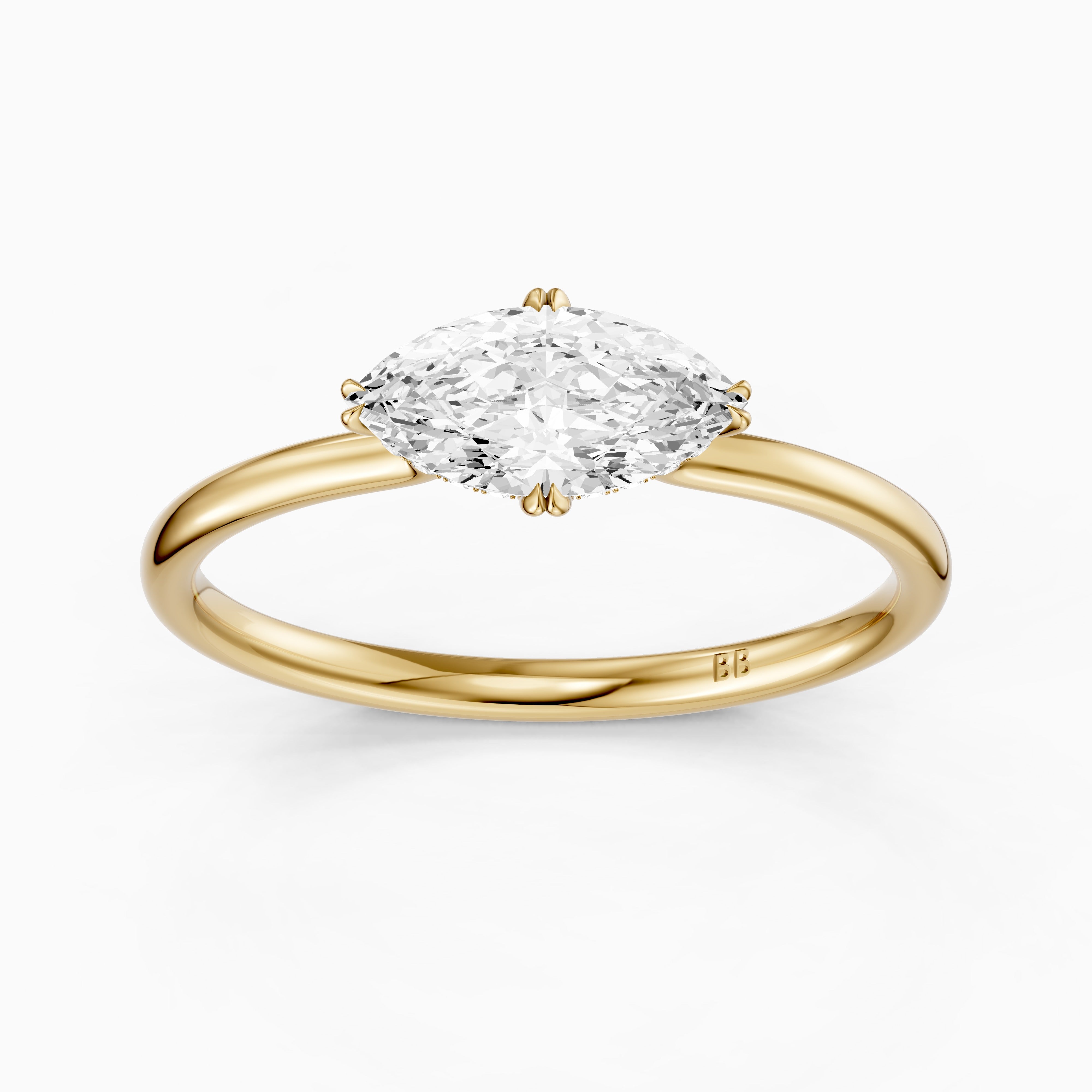 Vera East West Marquise Hidden Halo Moissanite Diamond Ring with Double Claw Prong