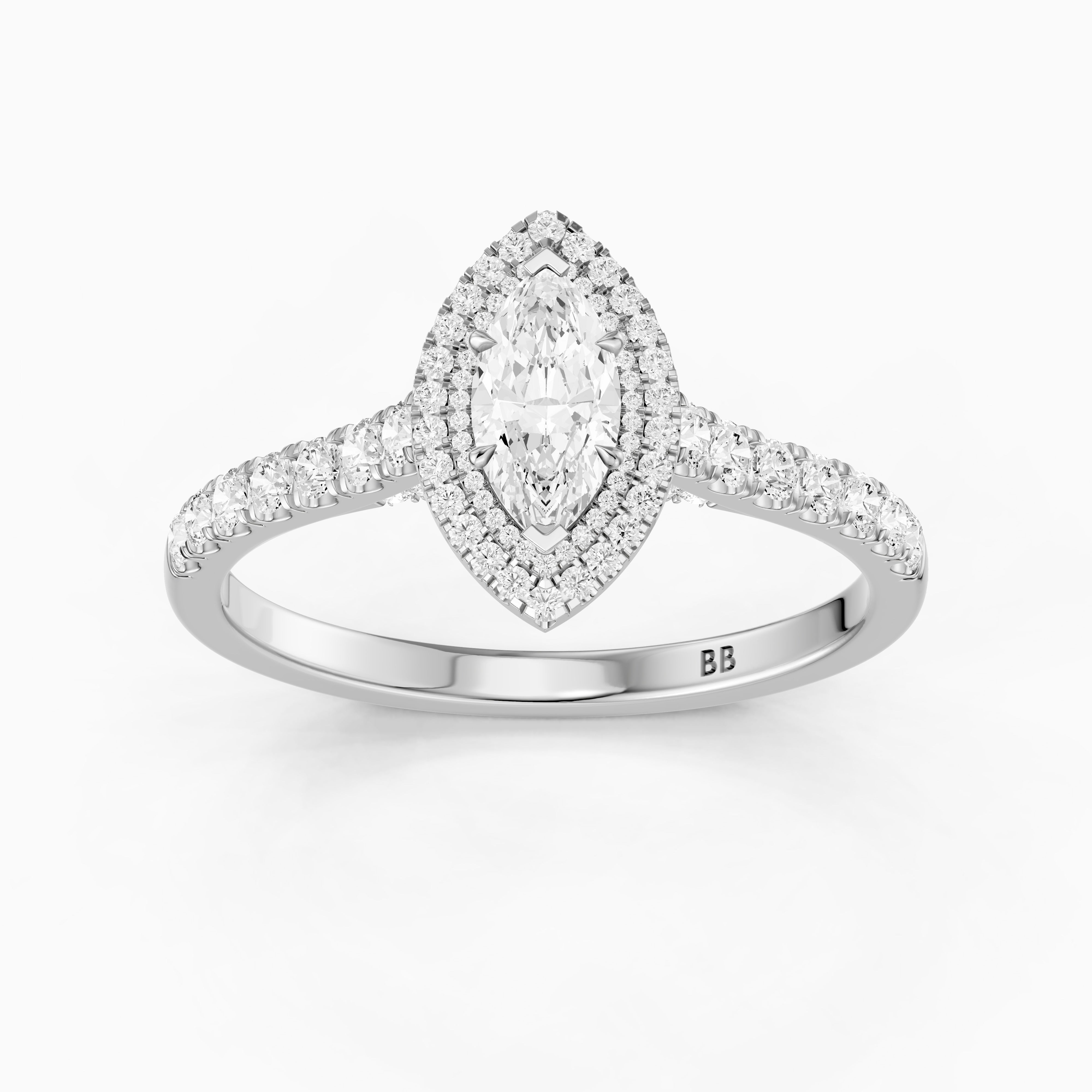 Alana Marquise Cut Moissanite Double Halo Ring with Pave Band