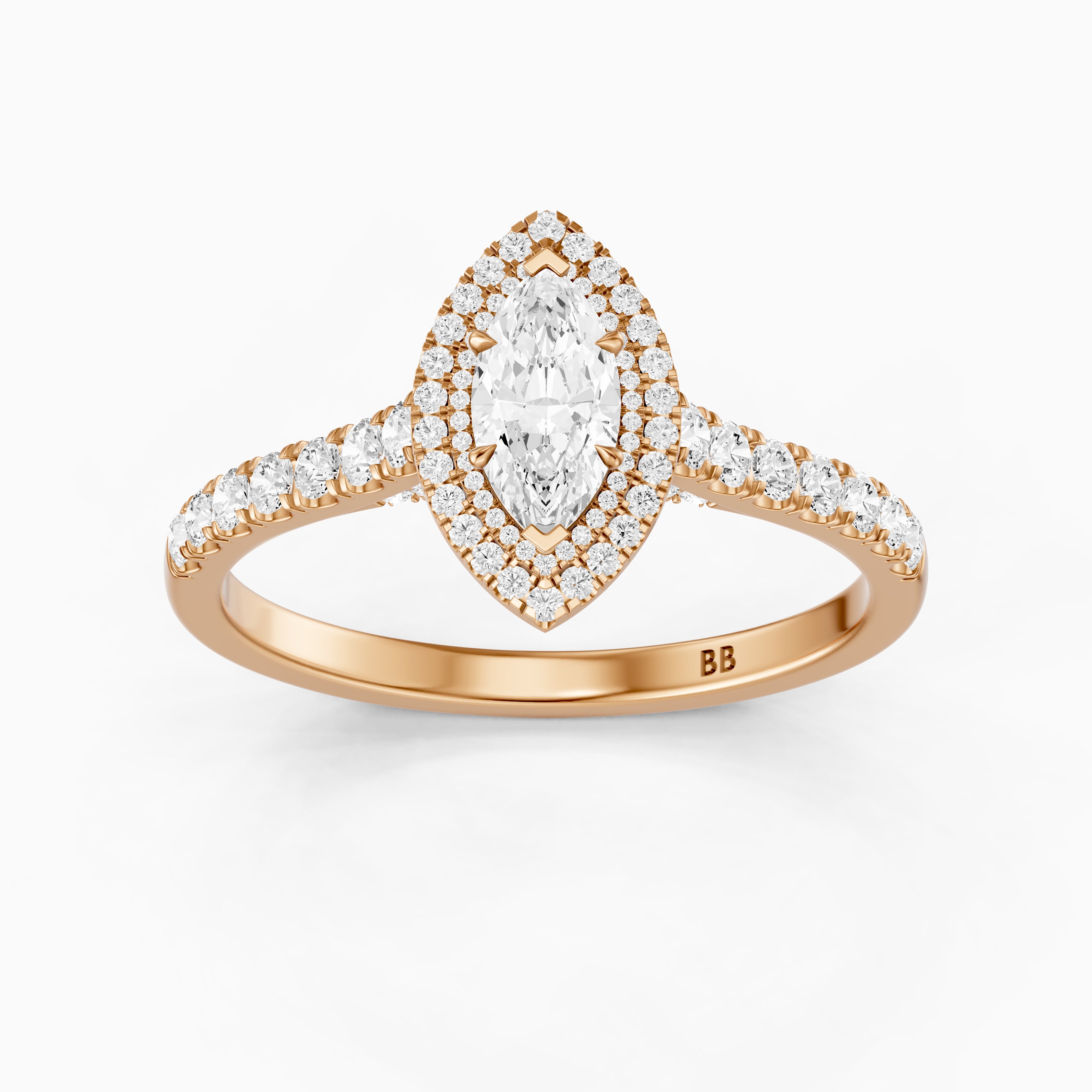 Alana Marquise Cut Moissanite Double Halo Ring with Pave Band