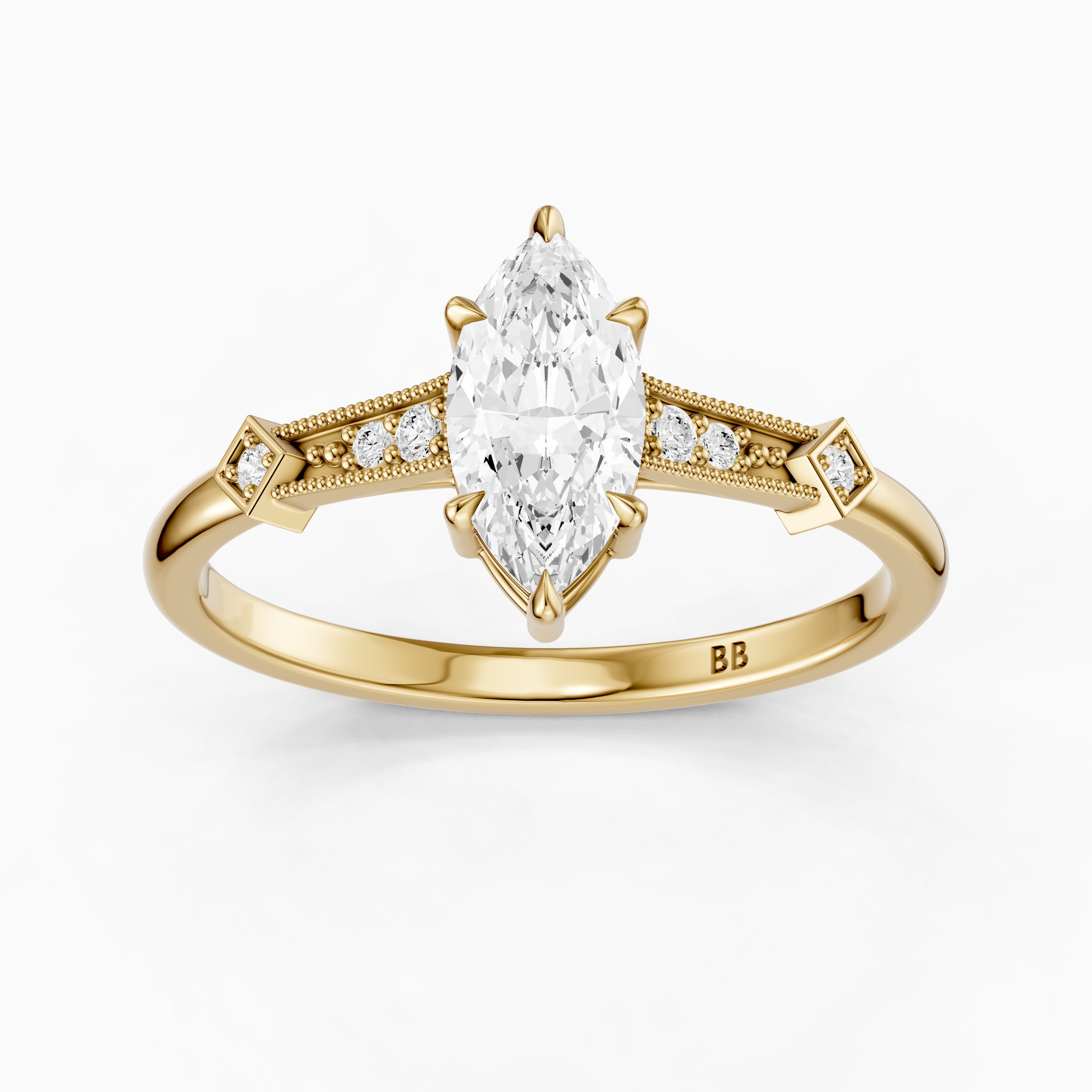 Ada Marquise Cut Side Stone Lab Grown Diamond Ring with Vintage Milgrain