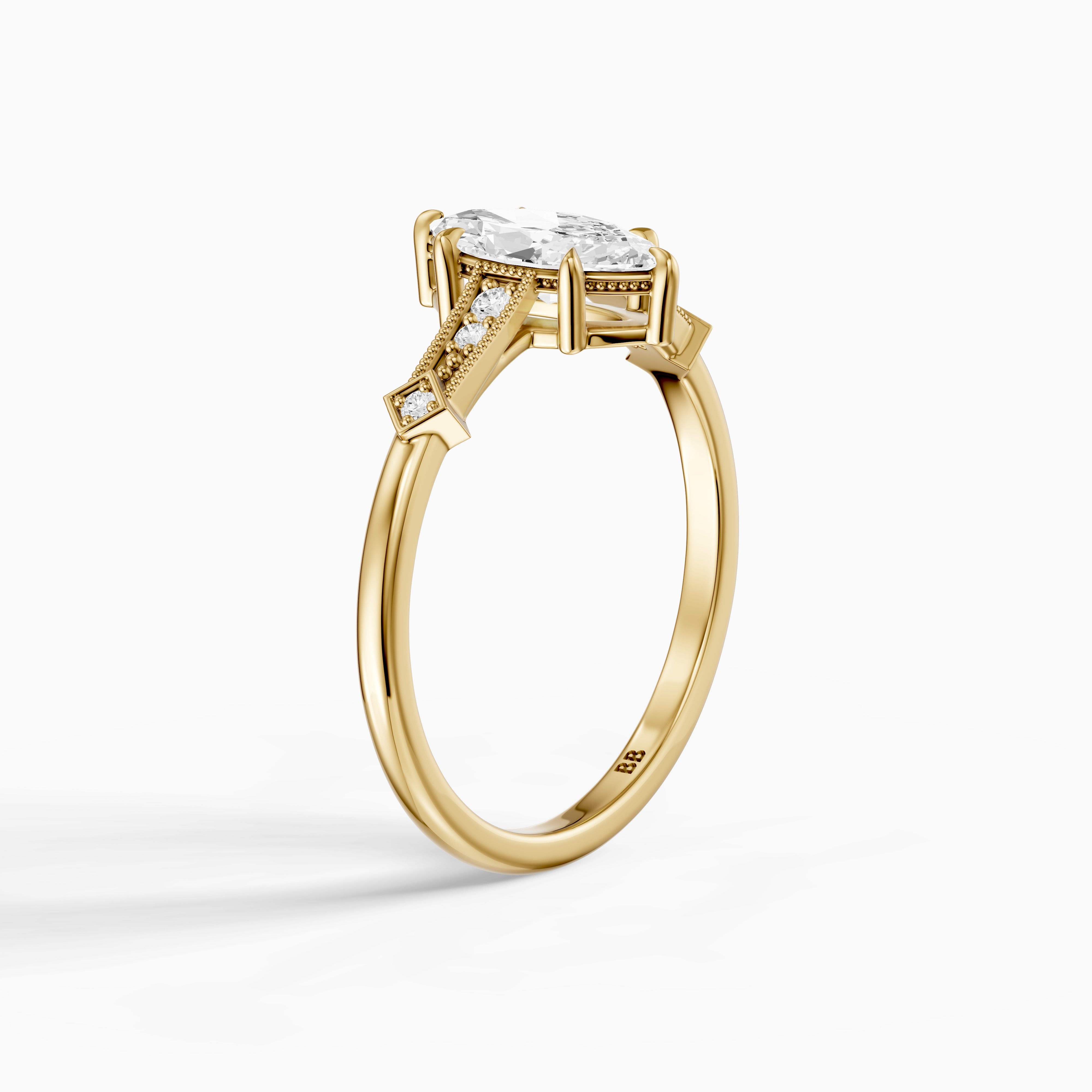 Ada Marquise Cut Side Stone Lab Grown Diamond Ring with Vintage Milgrain