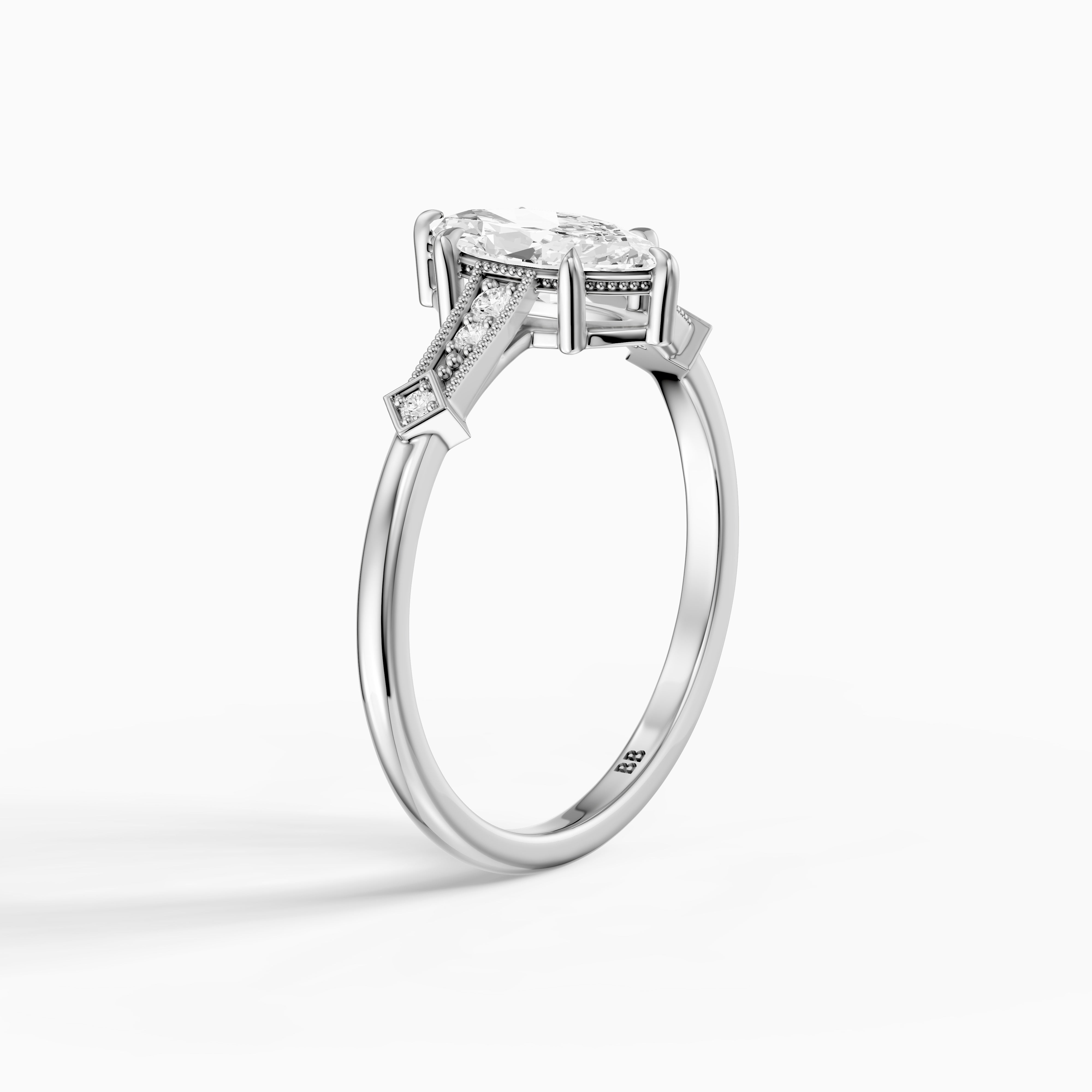 Ada Marquise Cut Side Stone Lab Grown Diamond Ring with Vintage Milgrain