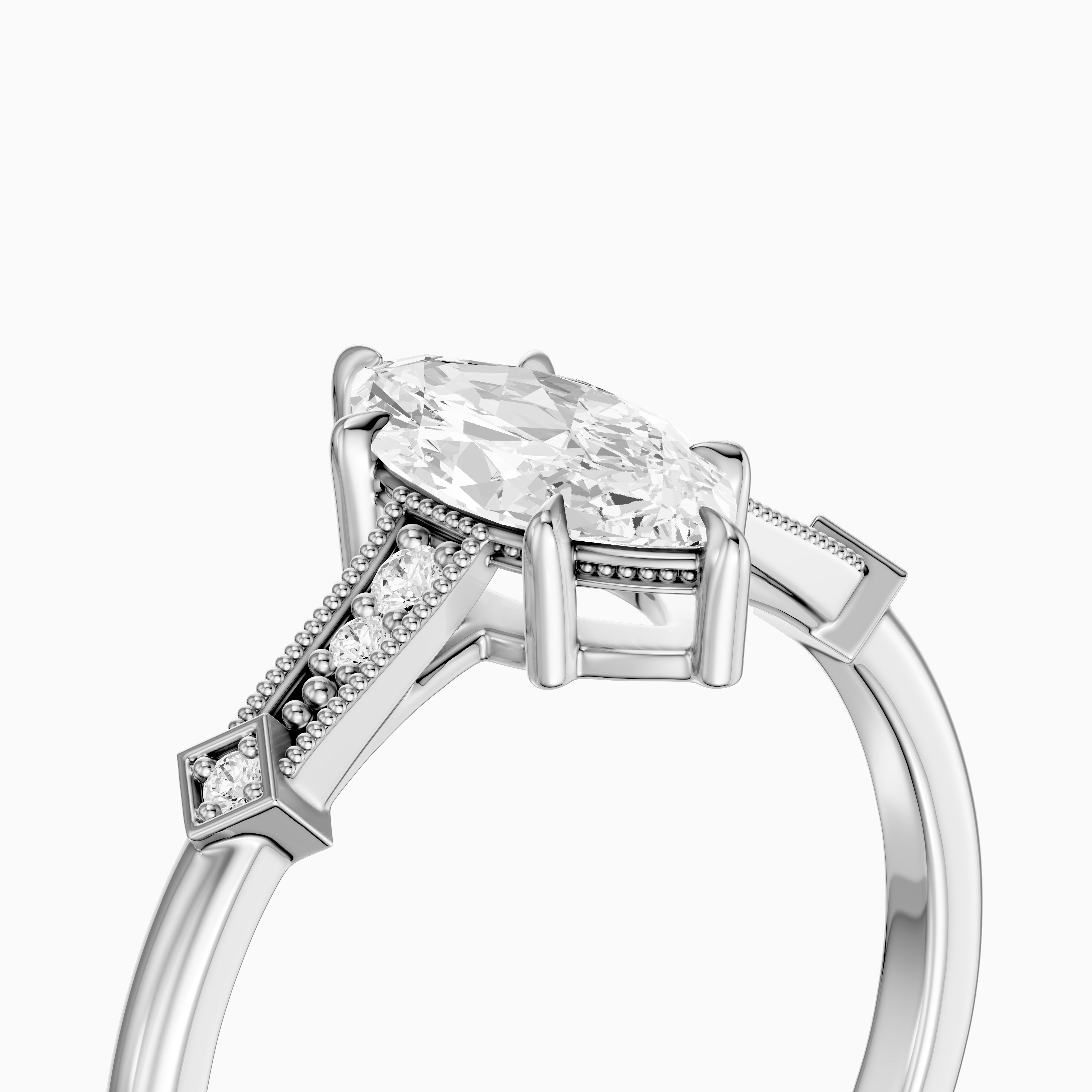 Ada Marquise Cut Side Stone Lab Grown Diamond Ring with Vintage Milgrain
