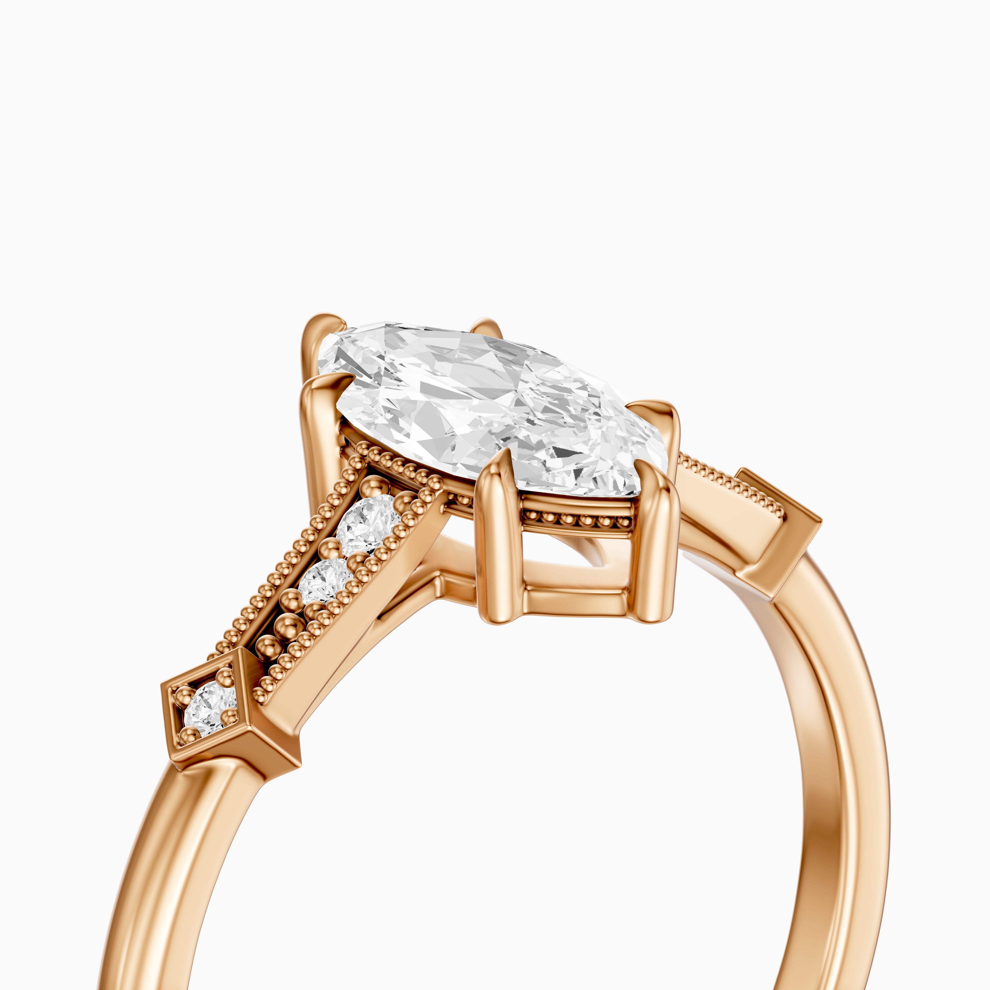 Ada Marquise Cut Side Stone Lab Grown Diamond Ring with Vintage Milgrain