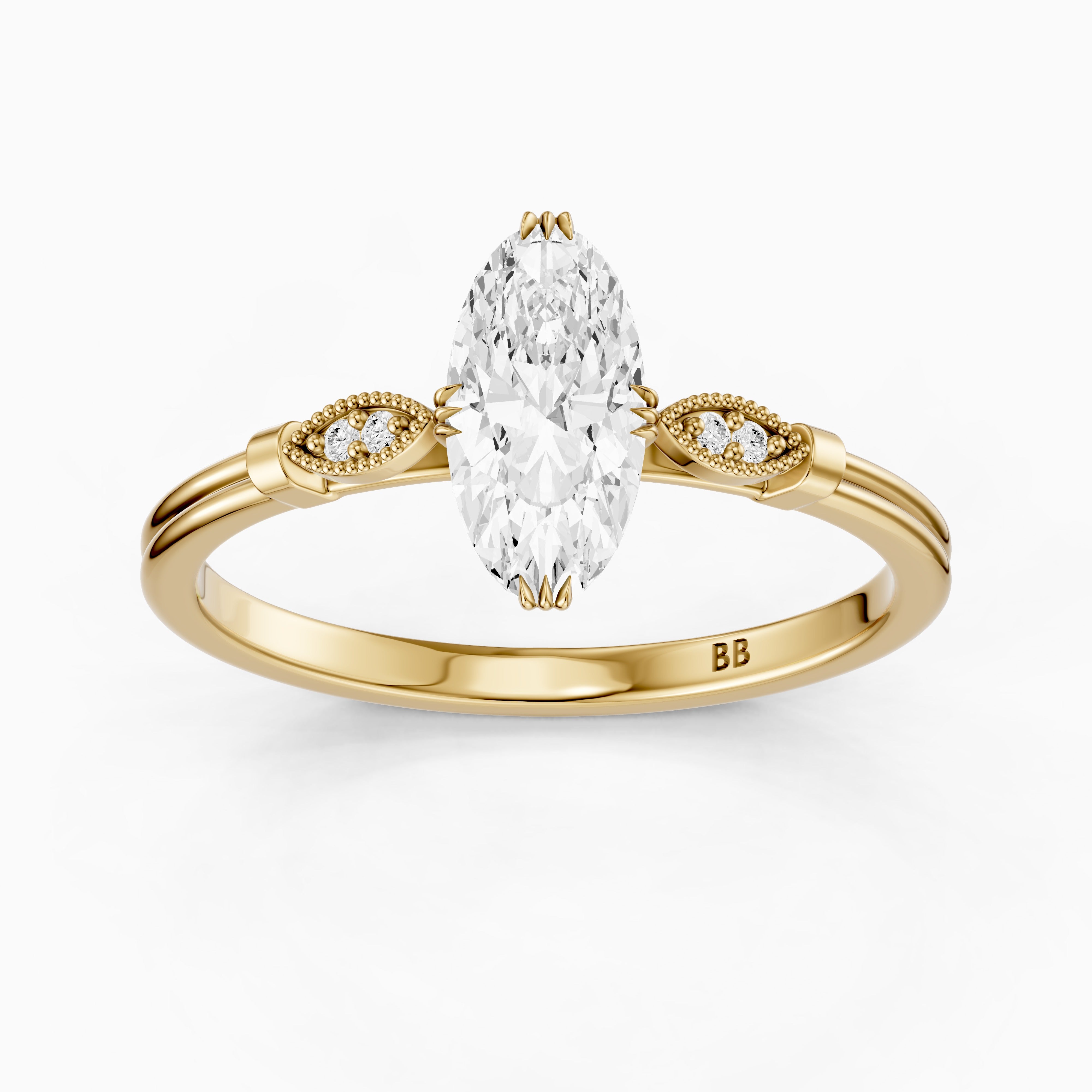 Serena Moval Cut Side Stone Moissanite Diamond Ring with Triple Claw Prongs