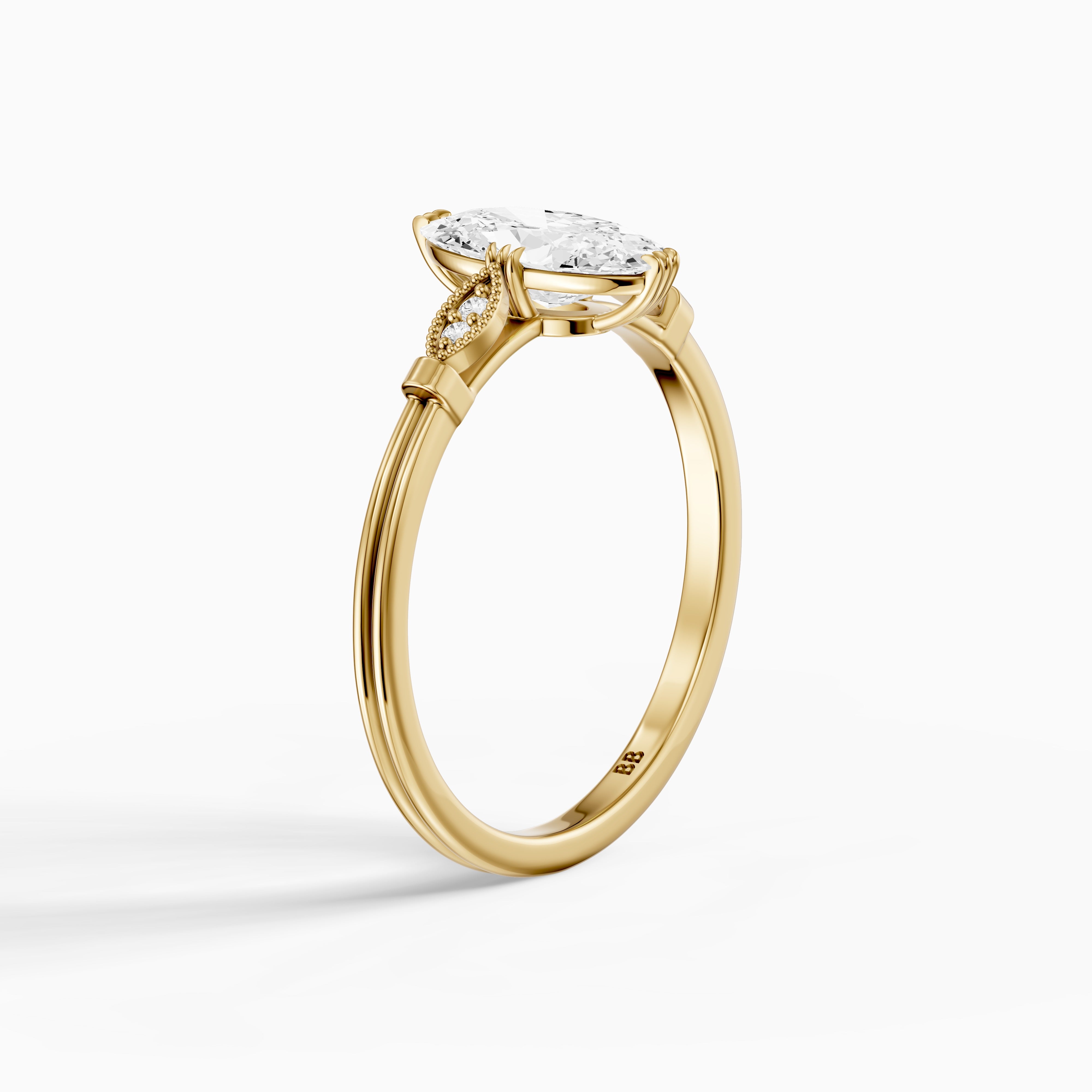 Serena Moval Cut Side Stone Moissanite Diamond Ring with Triple Claw Prongs