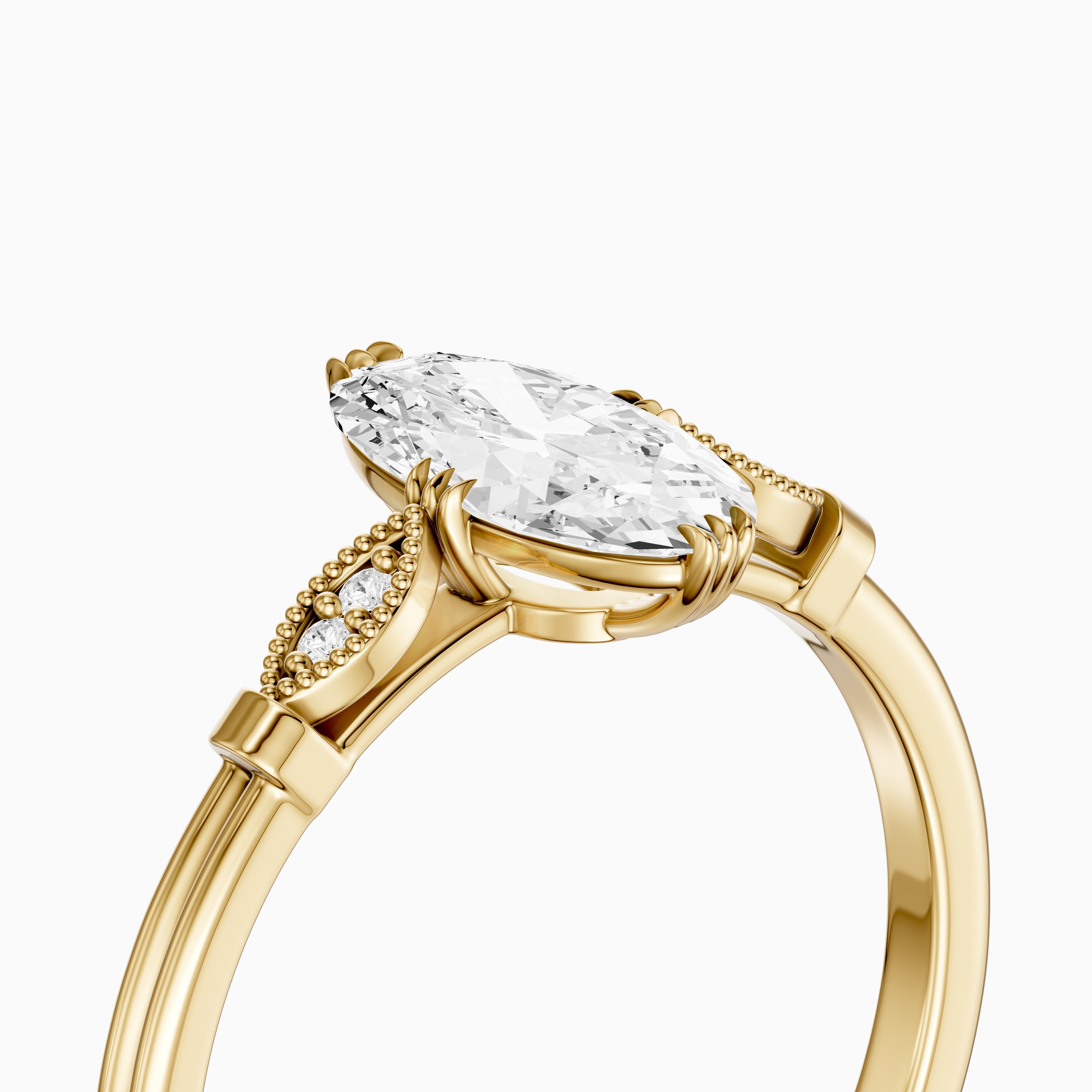Serena Moval Cut Side Stone Moissanite Diamond Ring with Triple Claw Prongs