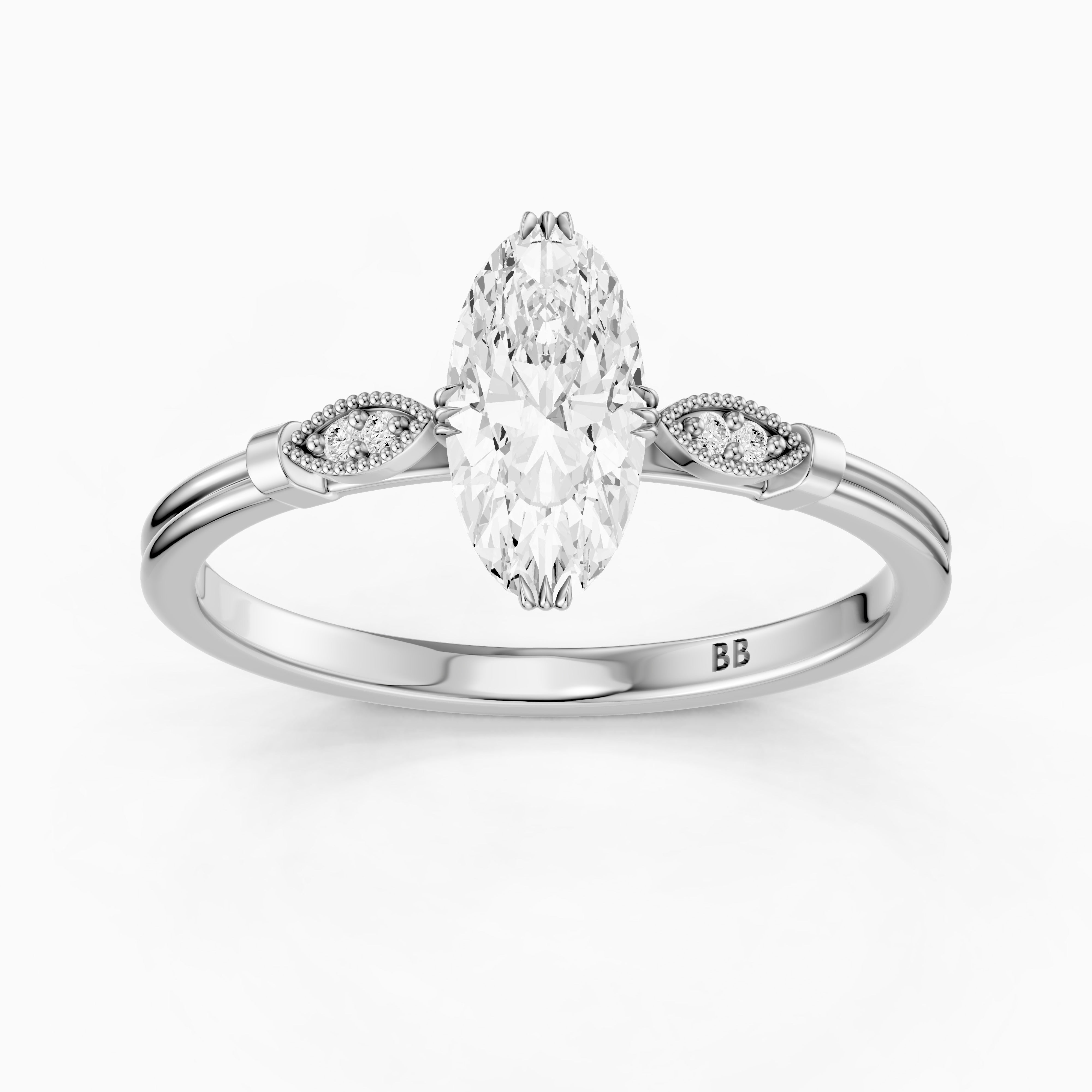 Serena Moval Cut Side Stone Moissanite Diamond Ring with Triple Claw Prongs