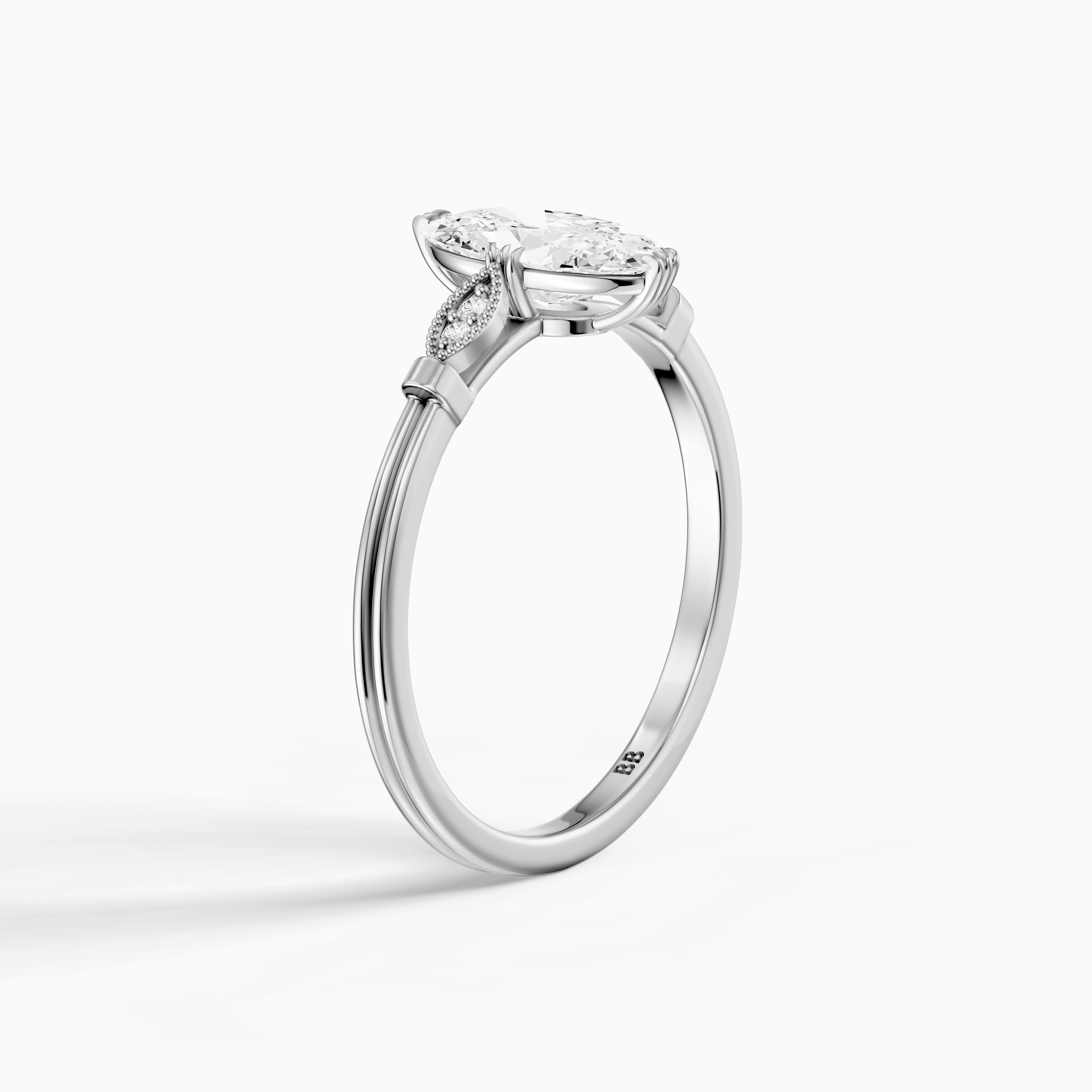 Serena Moval Cut Side Stone Moissanite Diamond Ring with Triple Claw Prongs