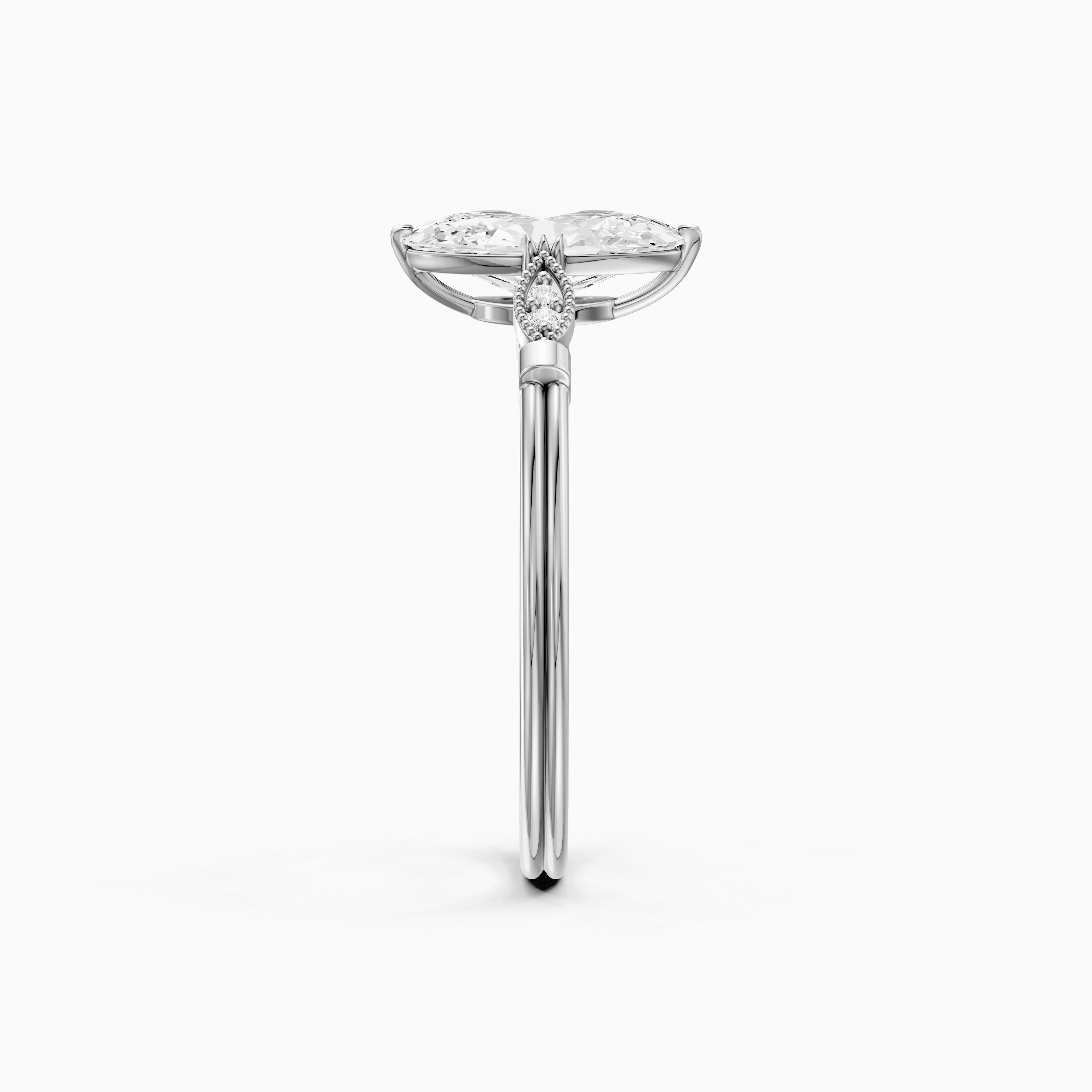 Serena Moval Cut Side Stone Moissanite Diamond Ring with Triple Claw Prongs