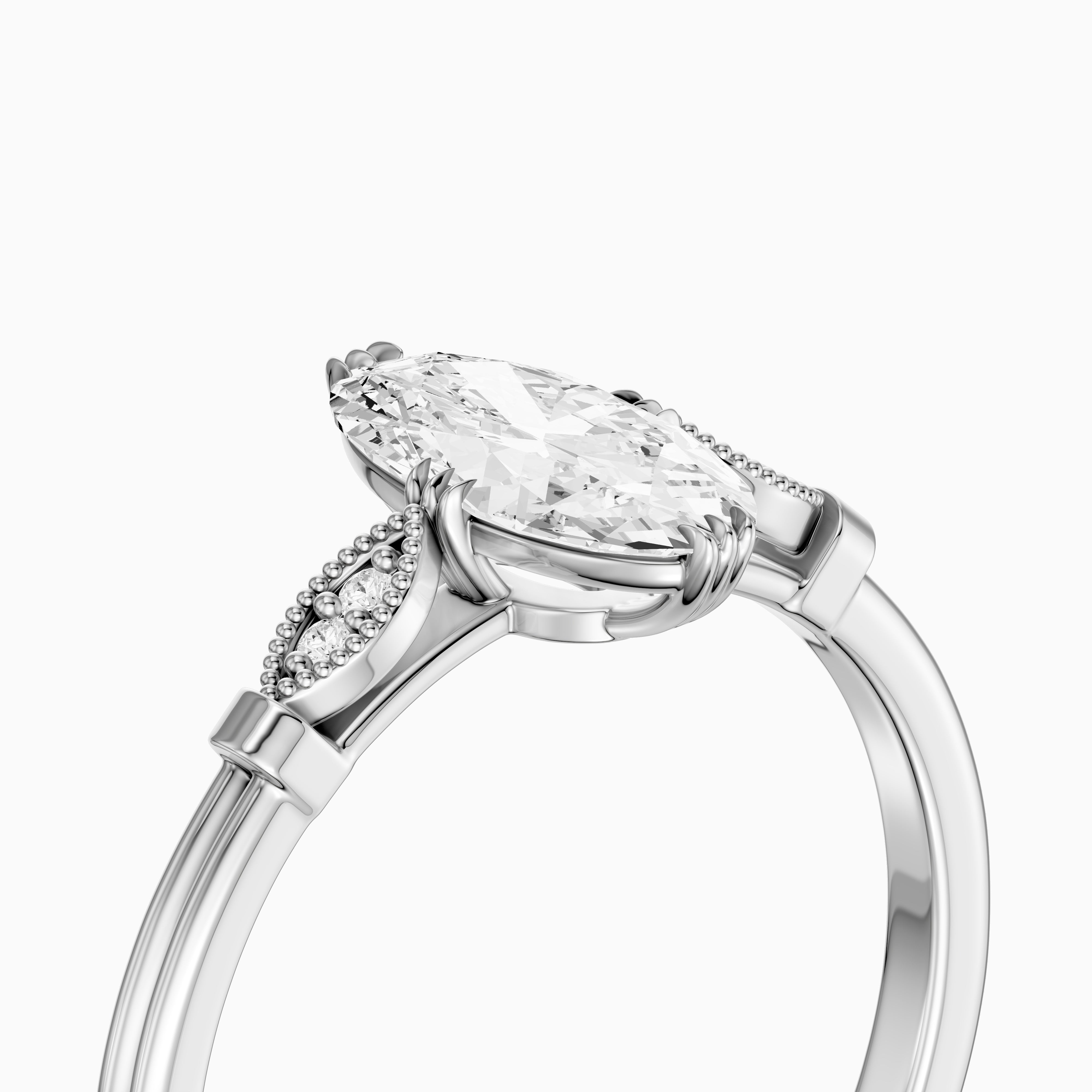 Serena Moval Cut Side Stone Moissanite Diamond Ring with Triple Claw Prongs