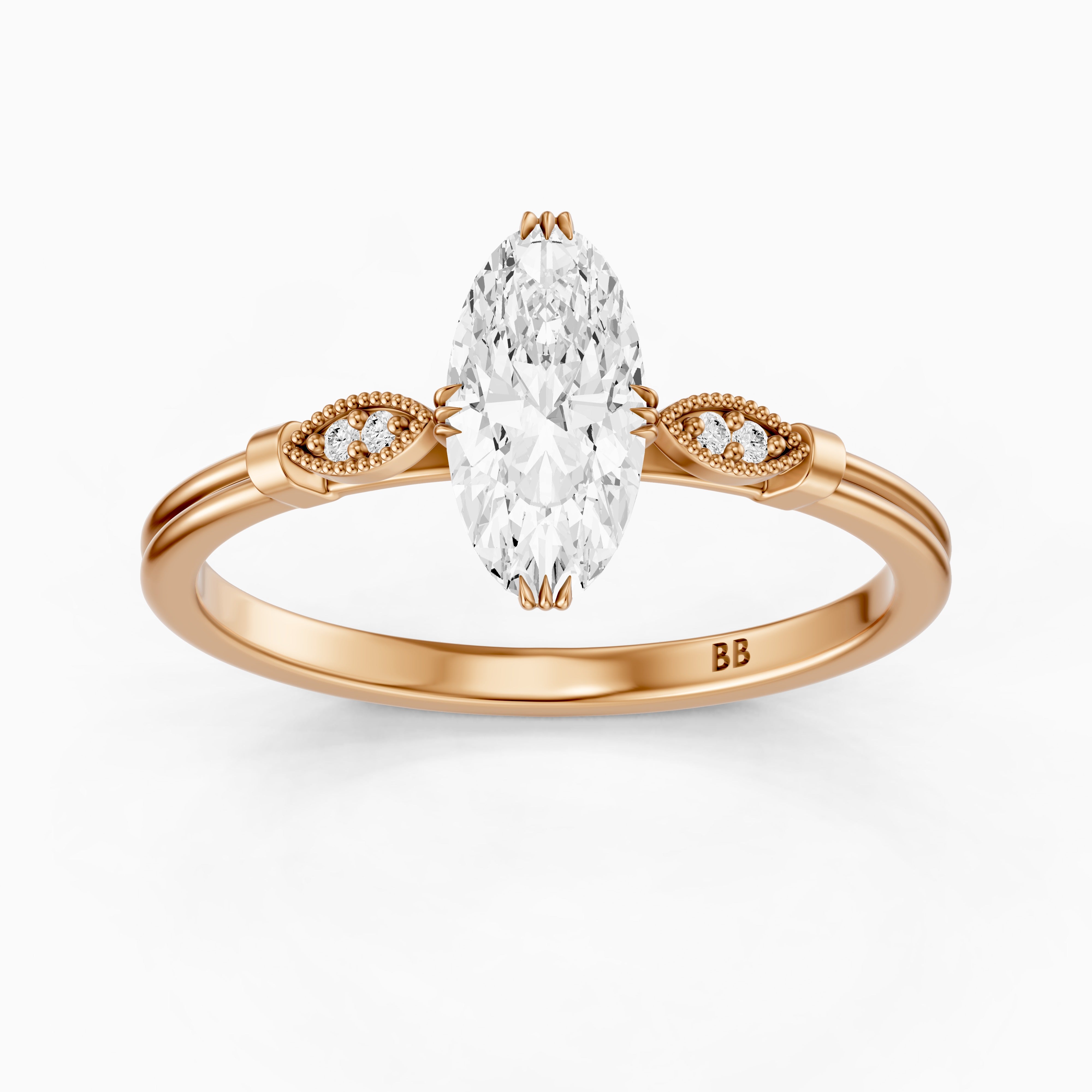 Serena Moval Cut Side Stone Moissanite Diamond Ring with Triple Claw Prongs