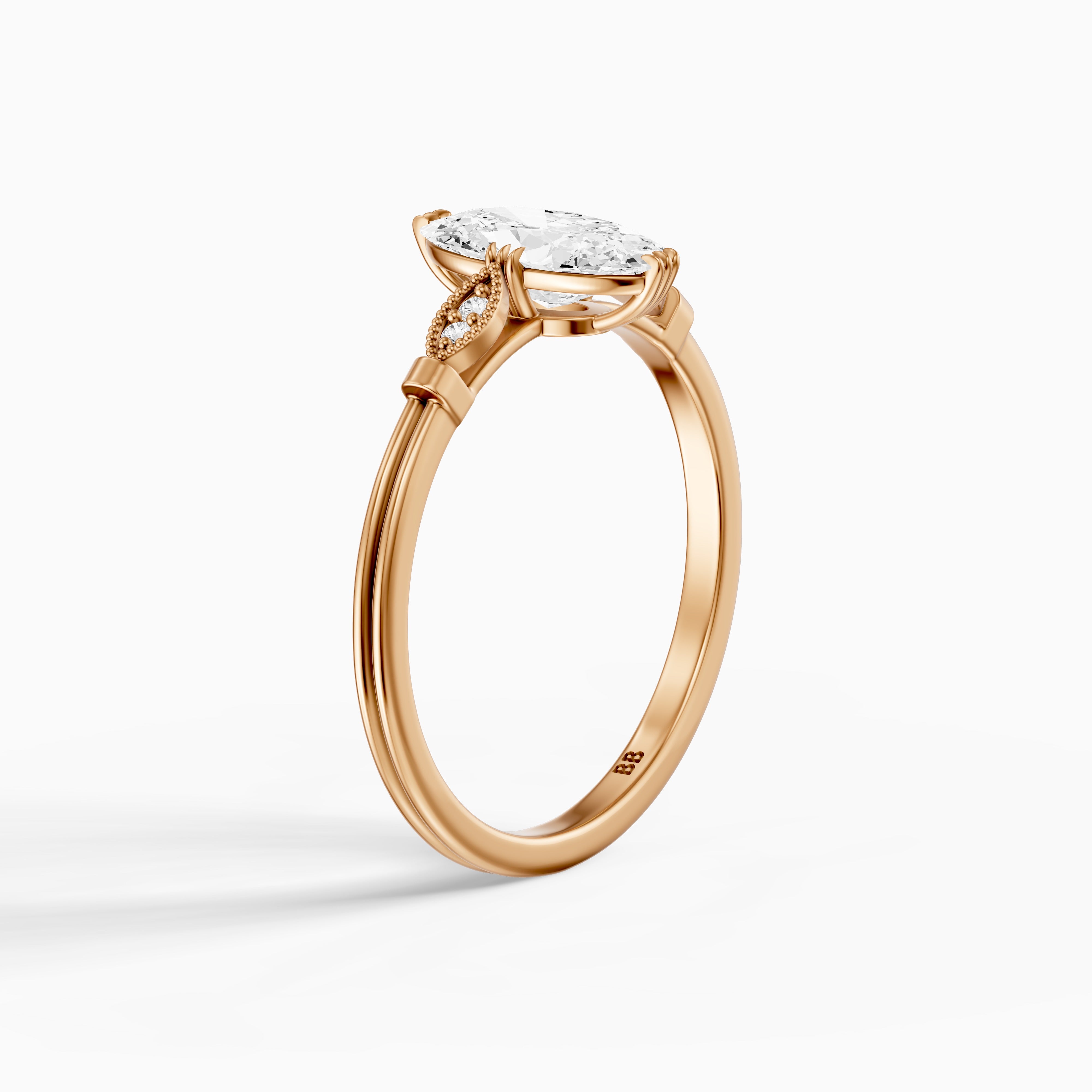 Serena Moval Cut Side Stone Moissanite Diamond Ring with Triple Claw Prongs