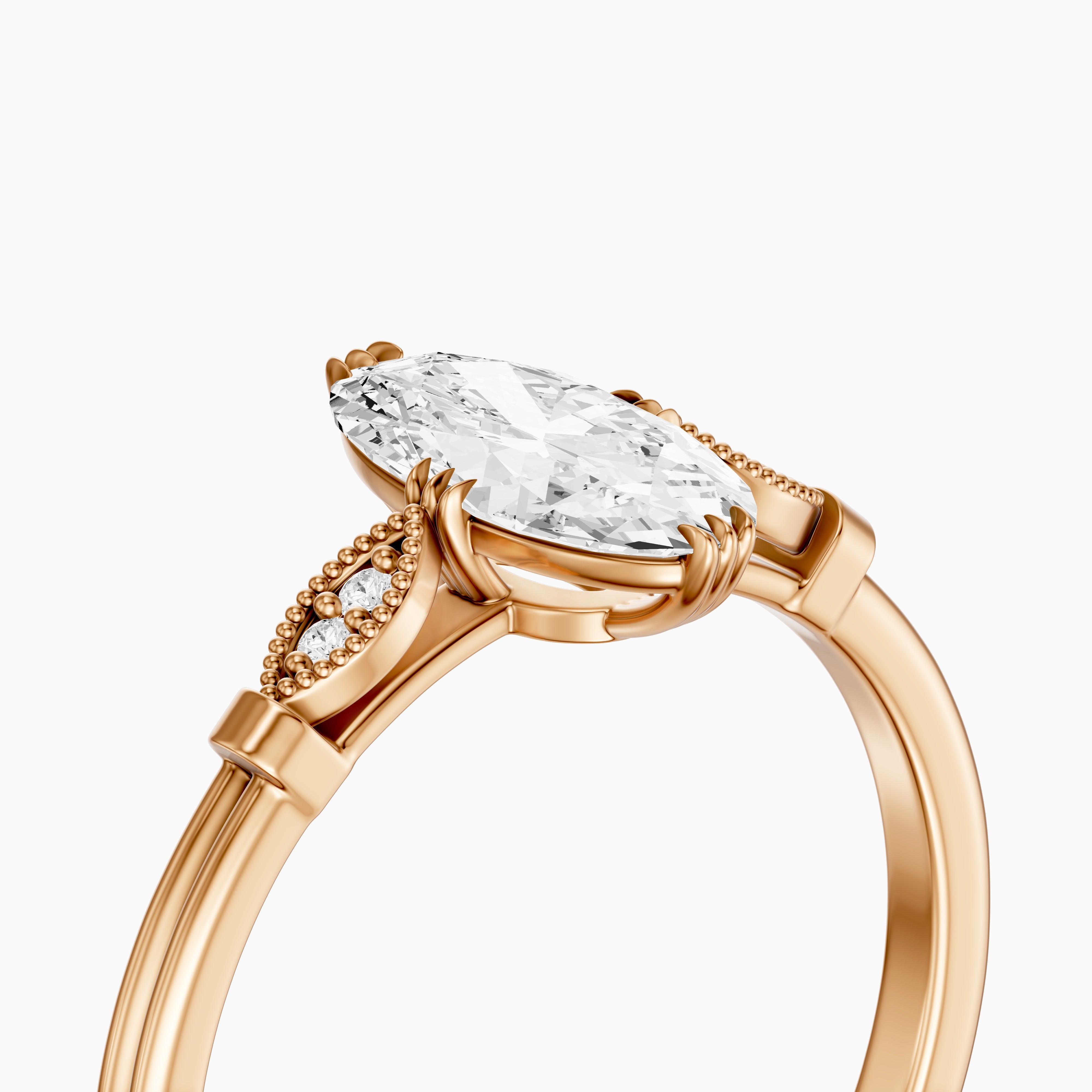 Serena Moval Cut Side Stone Moissanite Diamond Ring with Triple Claw Prongs