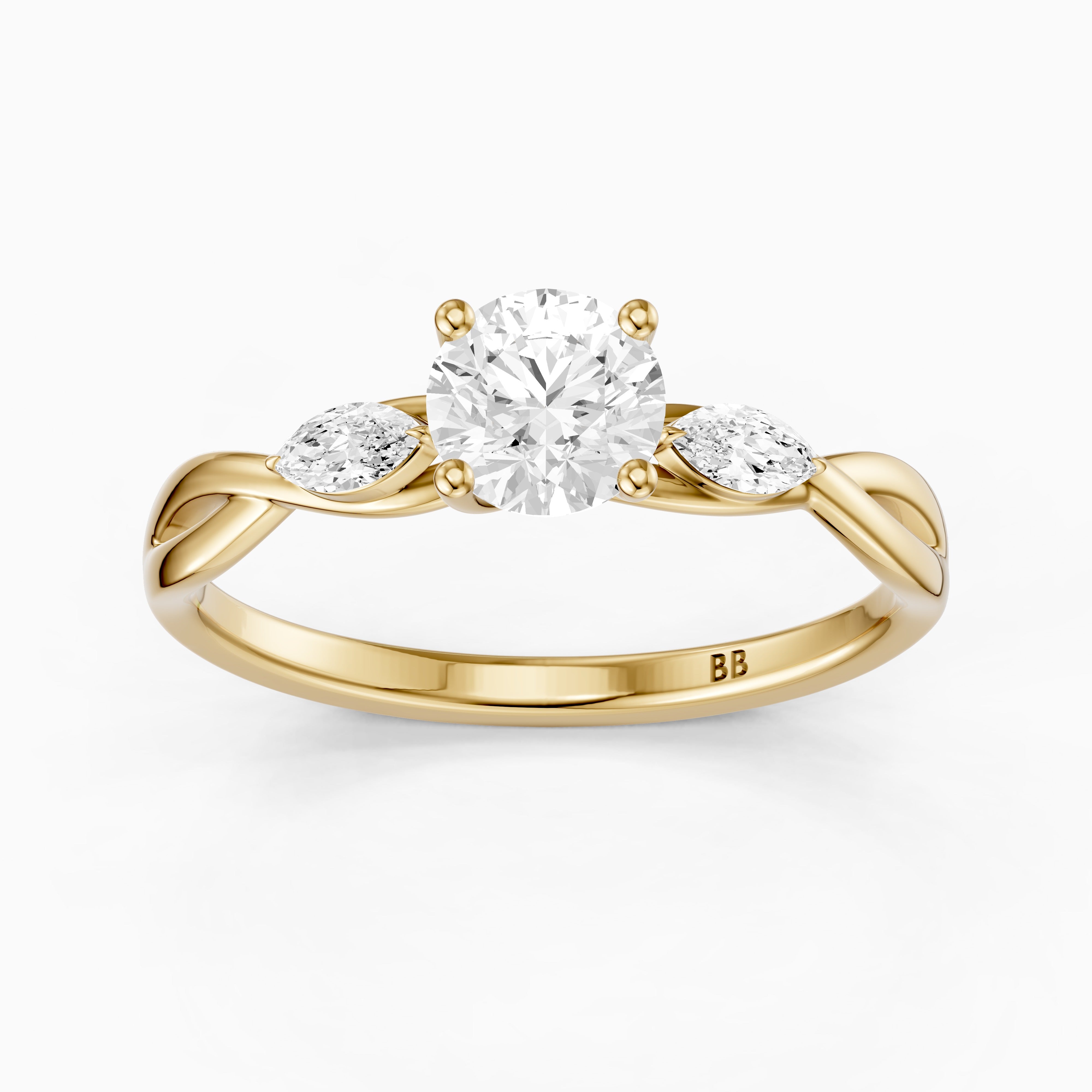 June Round Cut Side Stone Moissanite Diamond Ring with Twisted Vine Band