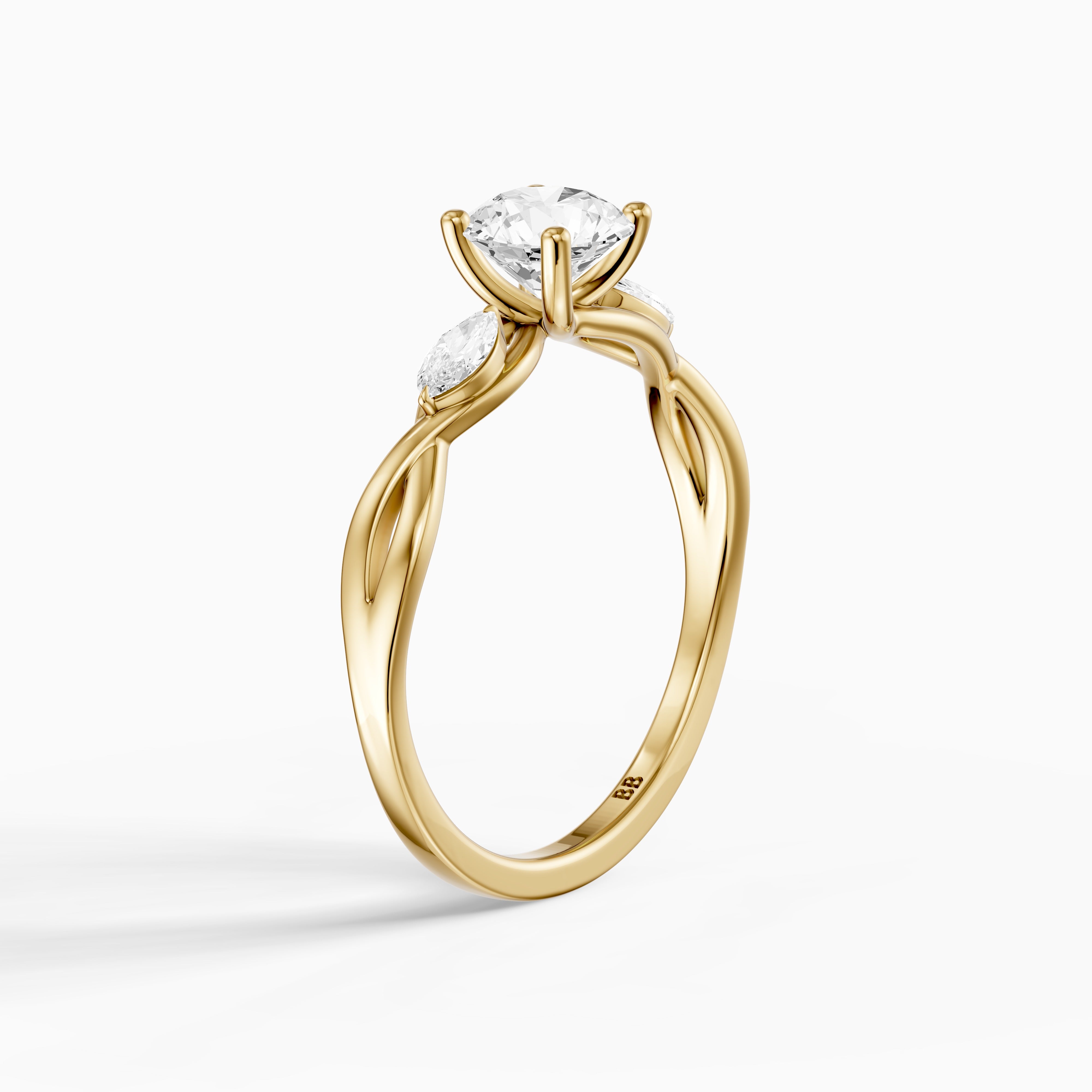 June Round Cut Side Stone Moissanite Diamond Ring with Twisted Vine Band