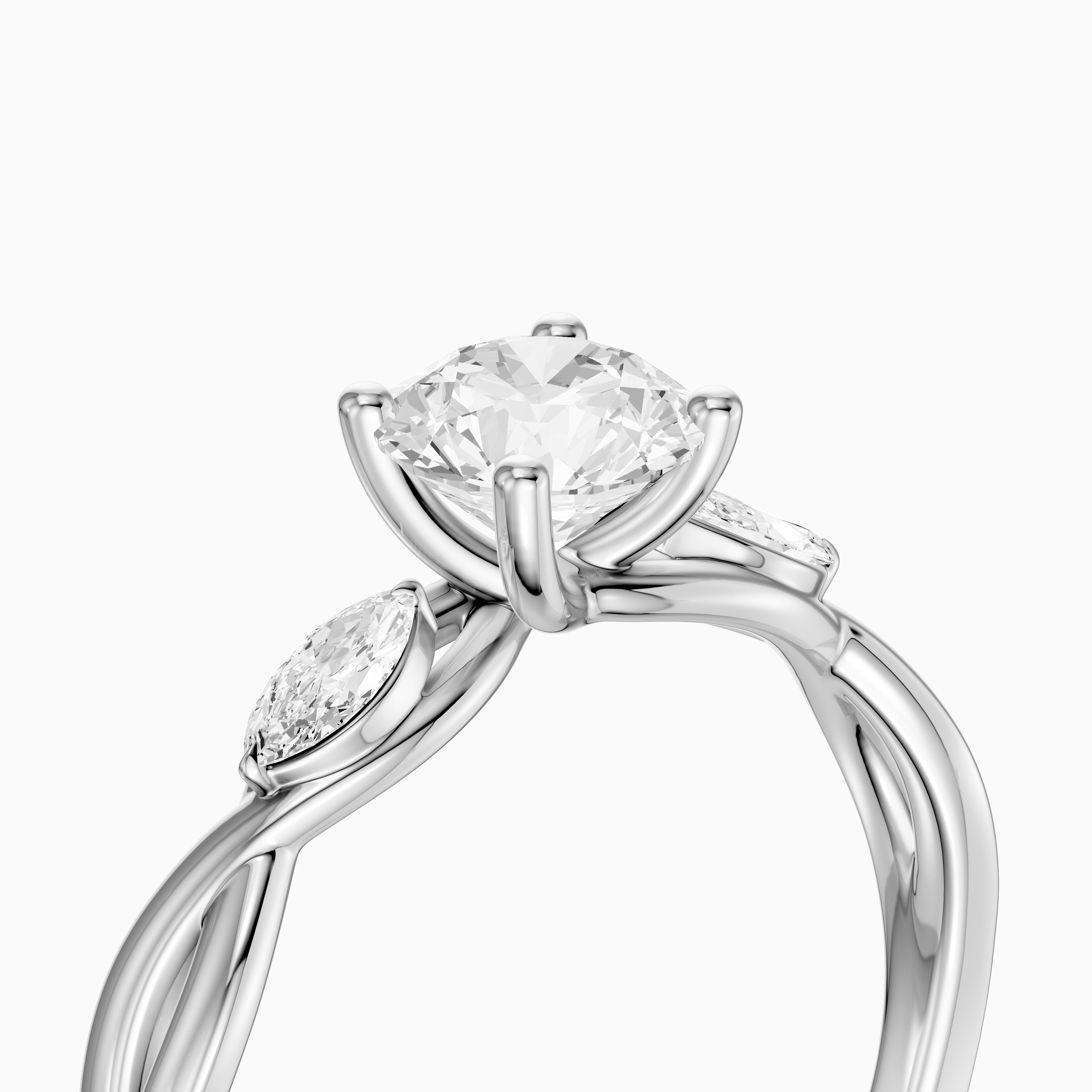 June Round Cut Side Stone Moissanite Diamond Ring with Twisted Vine Band