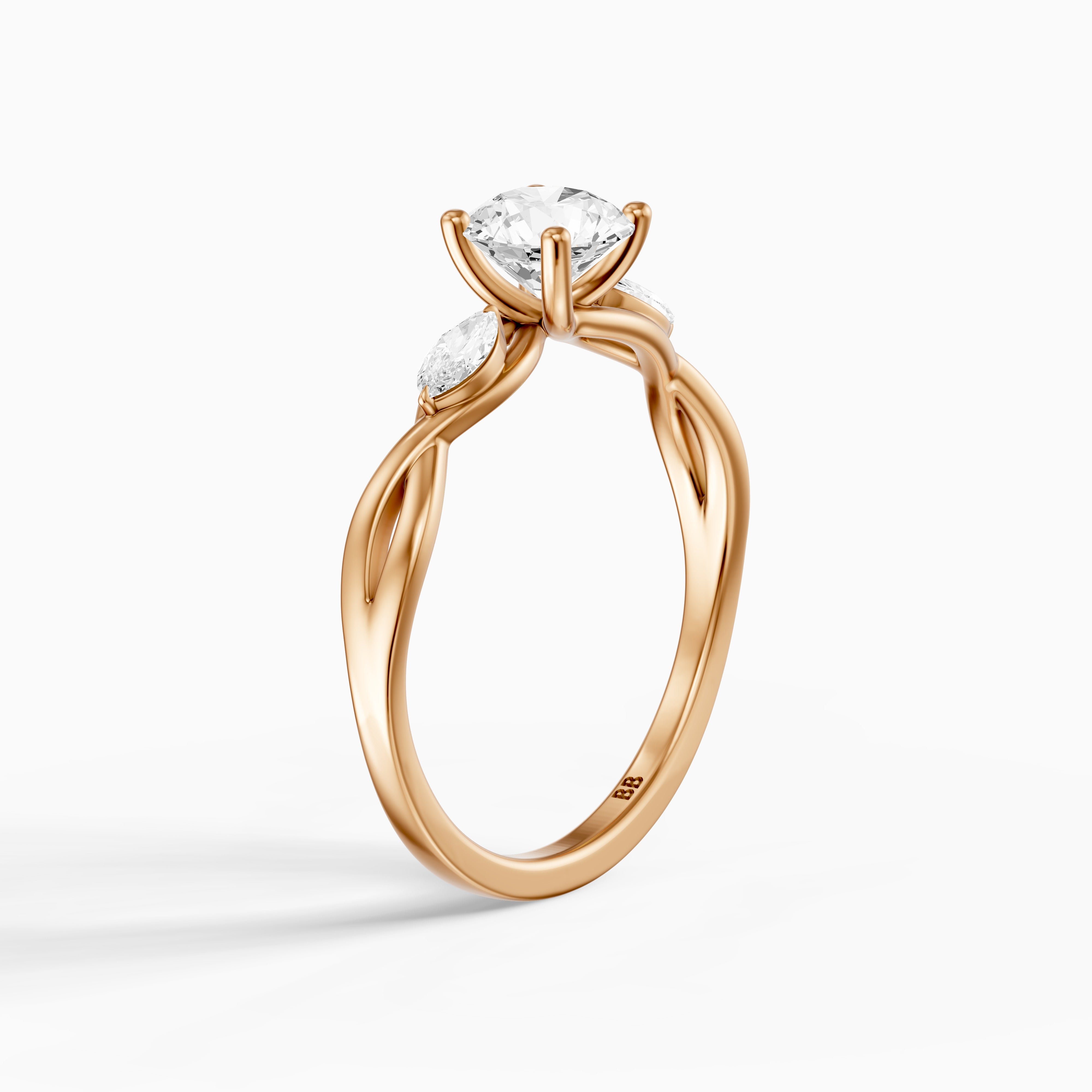 June Round Cut Side Stone Moissanite Diamond Ring with Twisted Vine Band