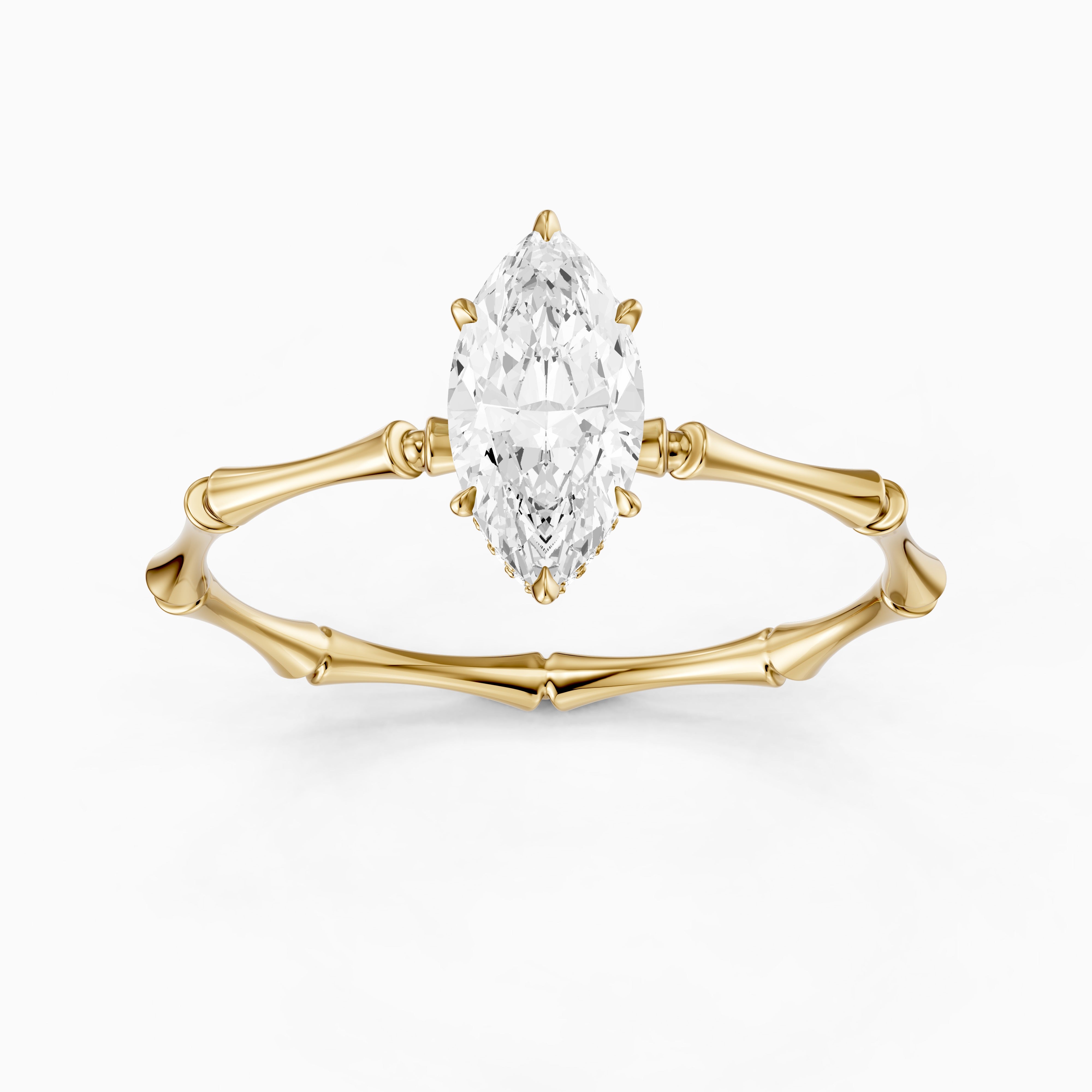 Sandra Marquise Hidden Halo Moissanite Diamond Ring with Bamboo Inspired Band