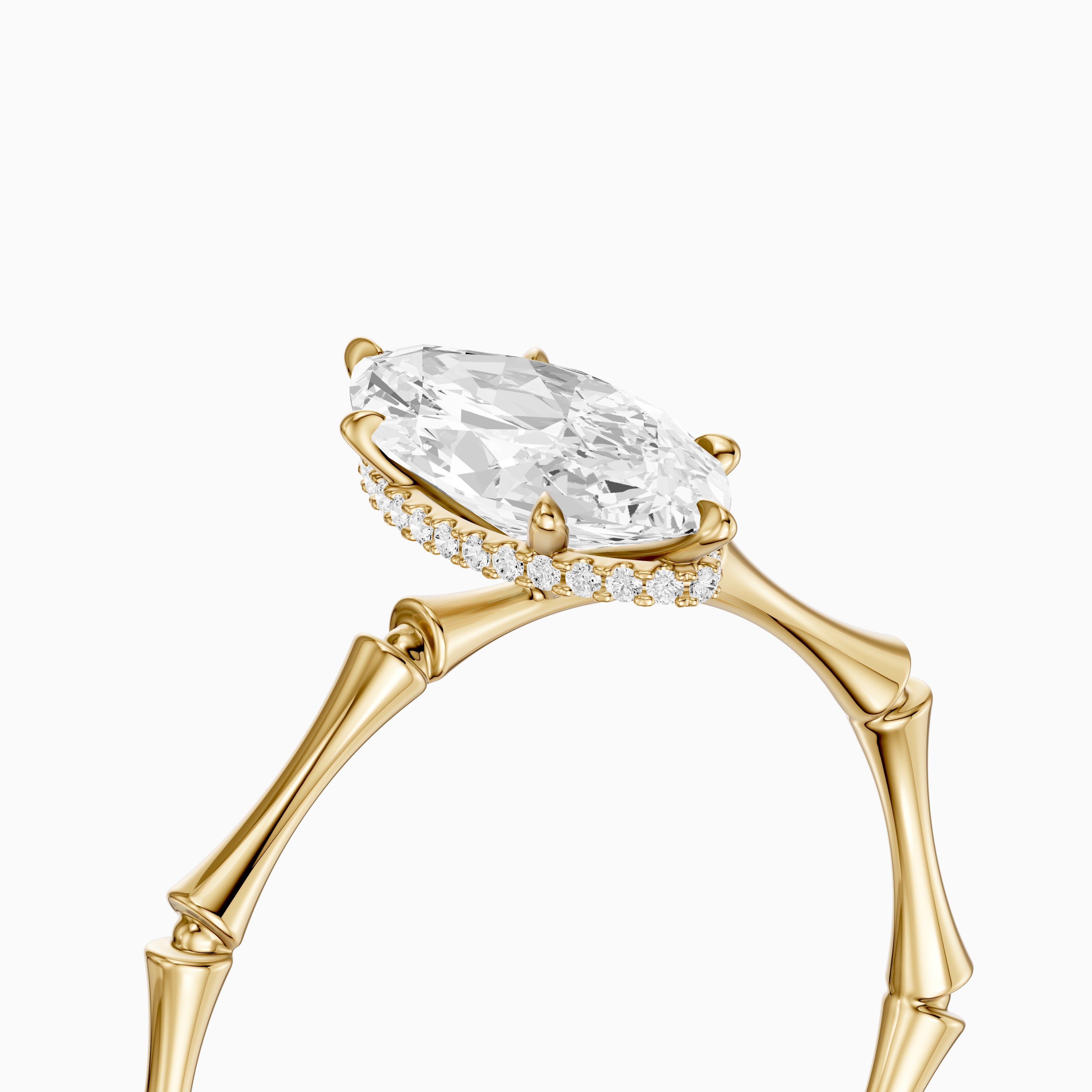 Sandra Marquise Hidden Halo Moissanite Diamond Ring with Bamboo Inspired Band
