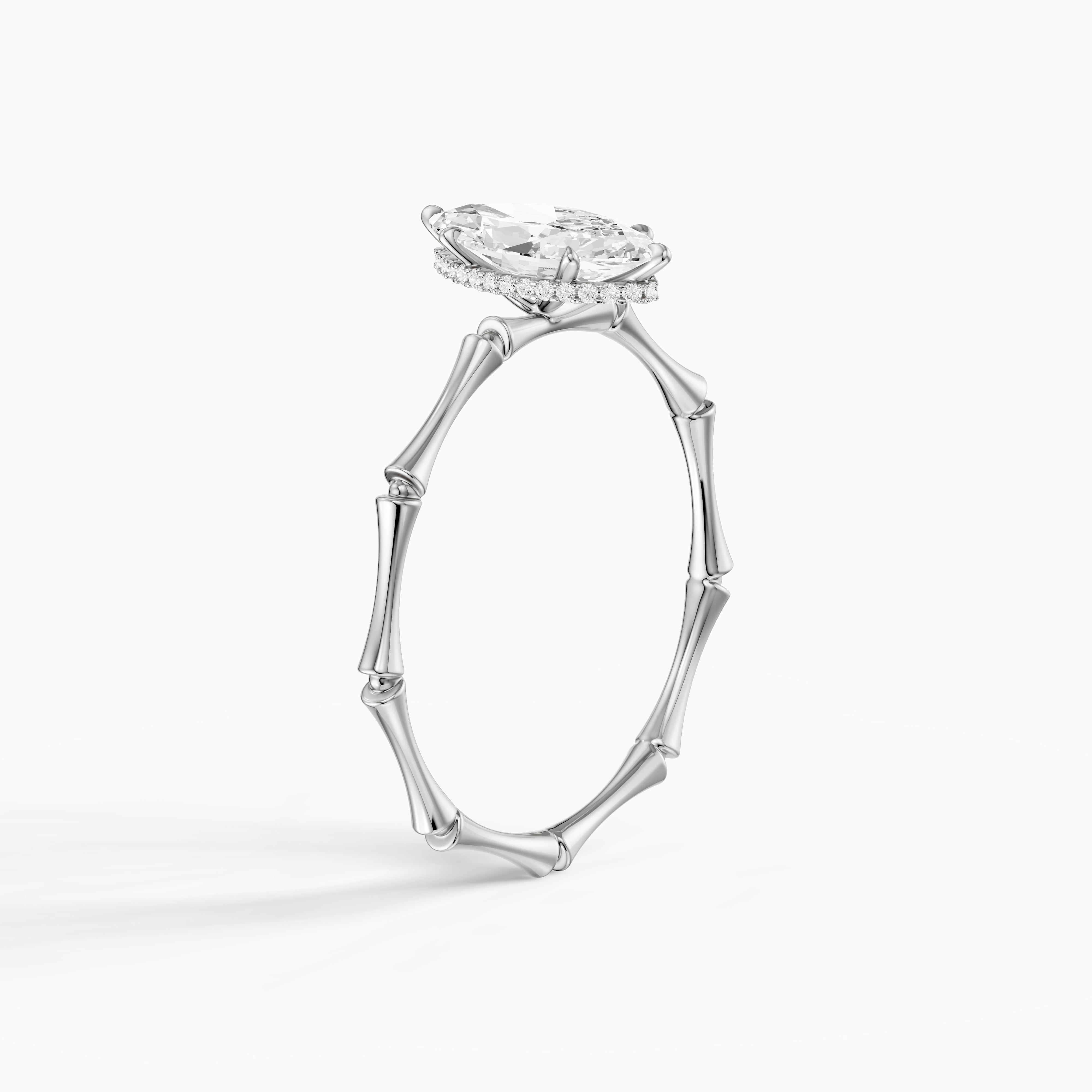 Sandra Marquise Hidden Halo Moissanite Diamond Ring with Bamboo Inspired Band