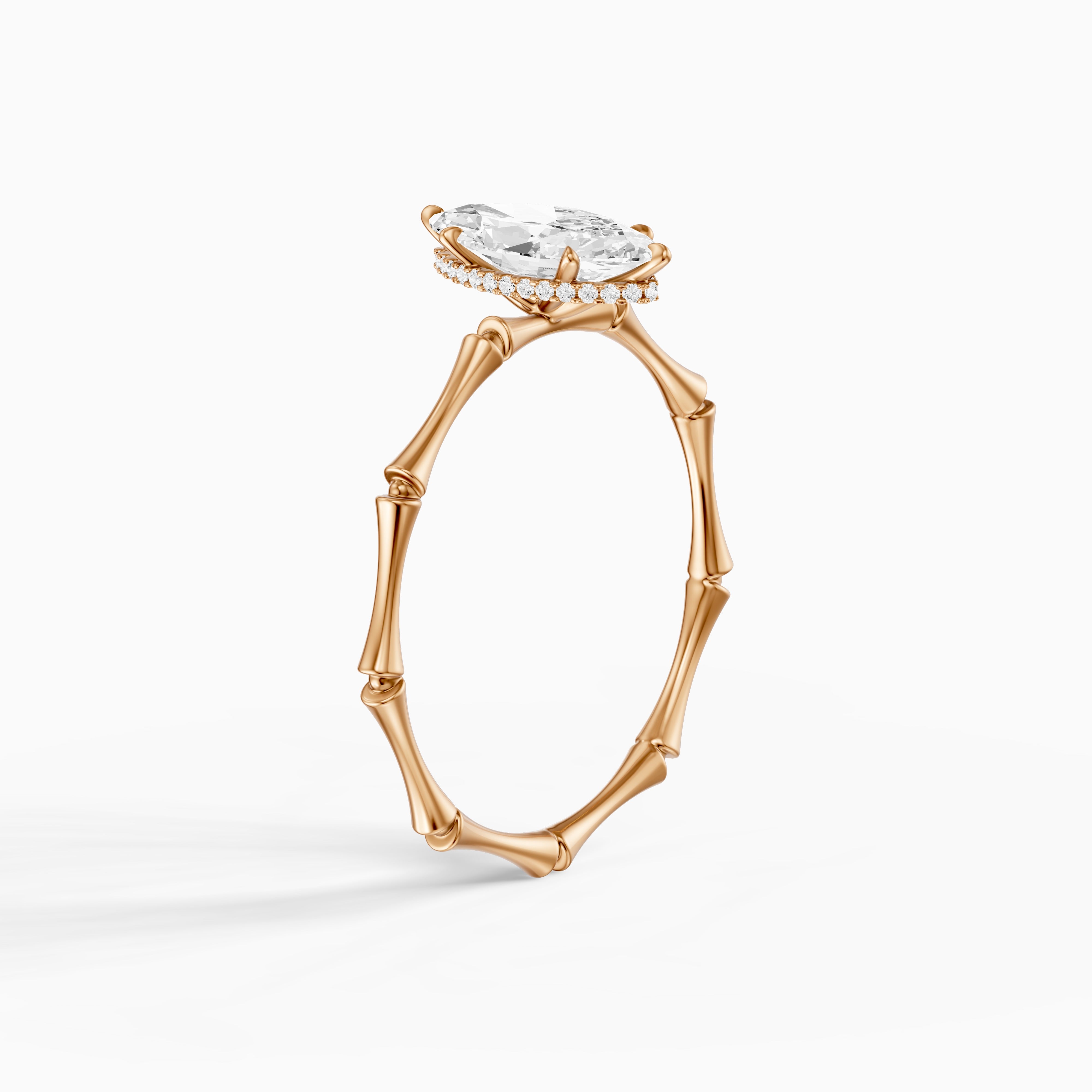 Sandra Marquise Hidden Halo Moissanite Diamond Ring with Bamboo Inspired Band