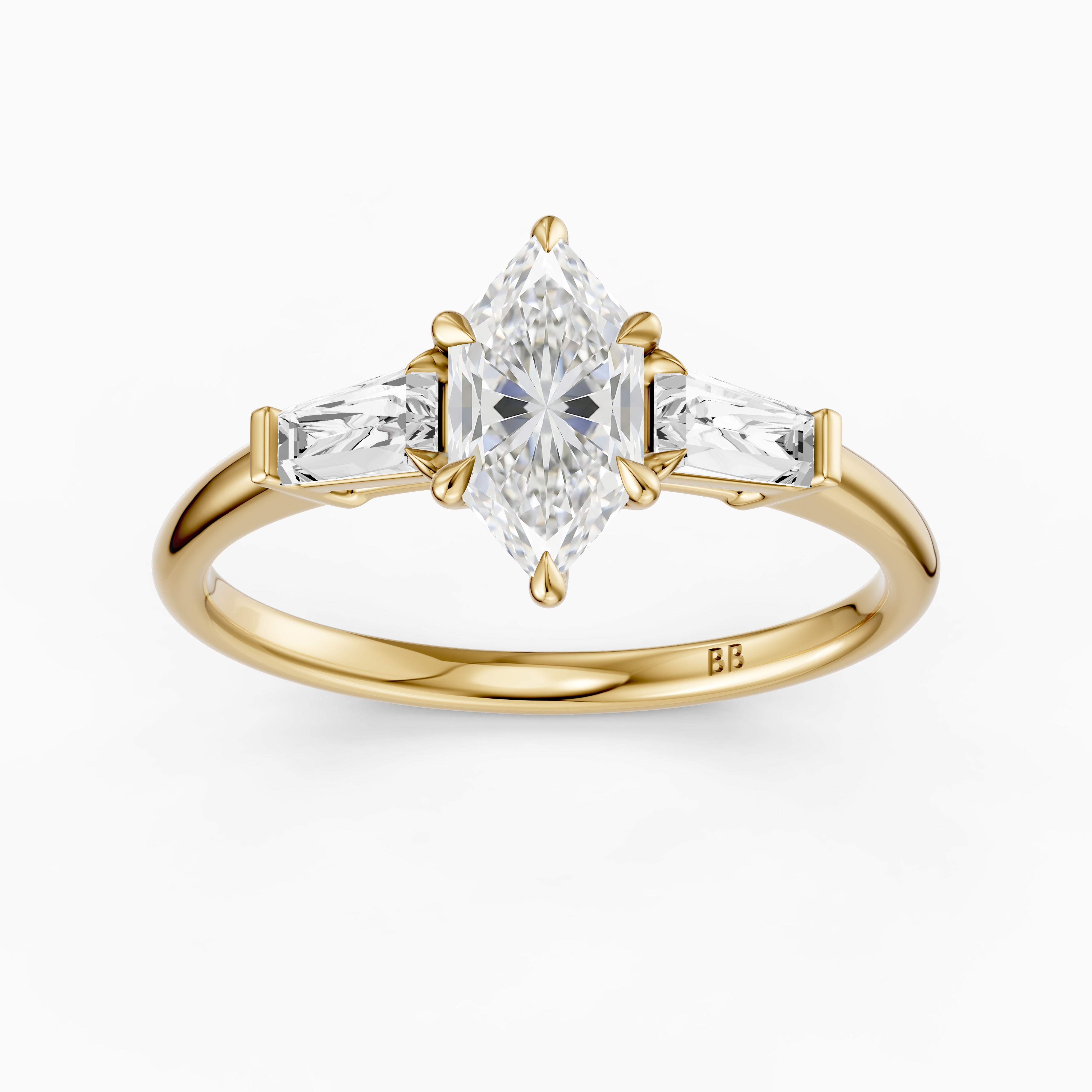 Dulce Dutch Marquise Lab Grown Diamond Three Stone Ring with Tapered Baguettes