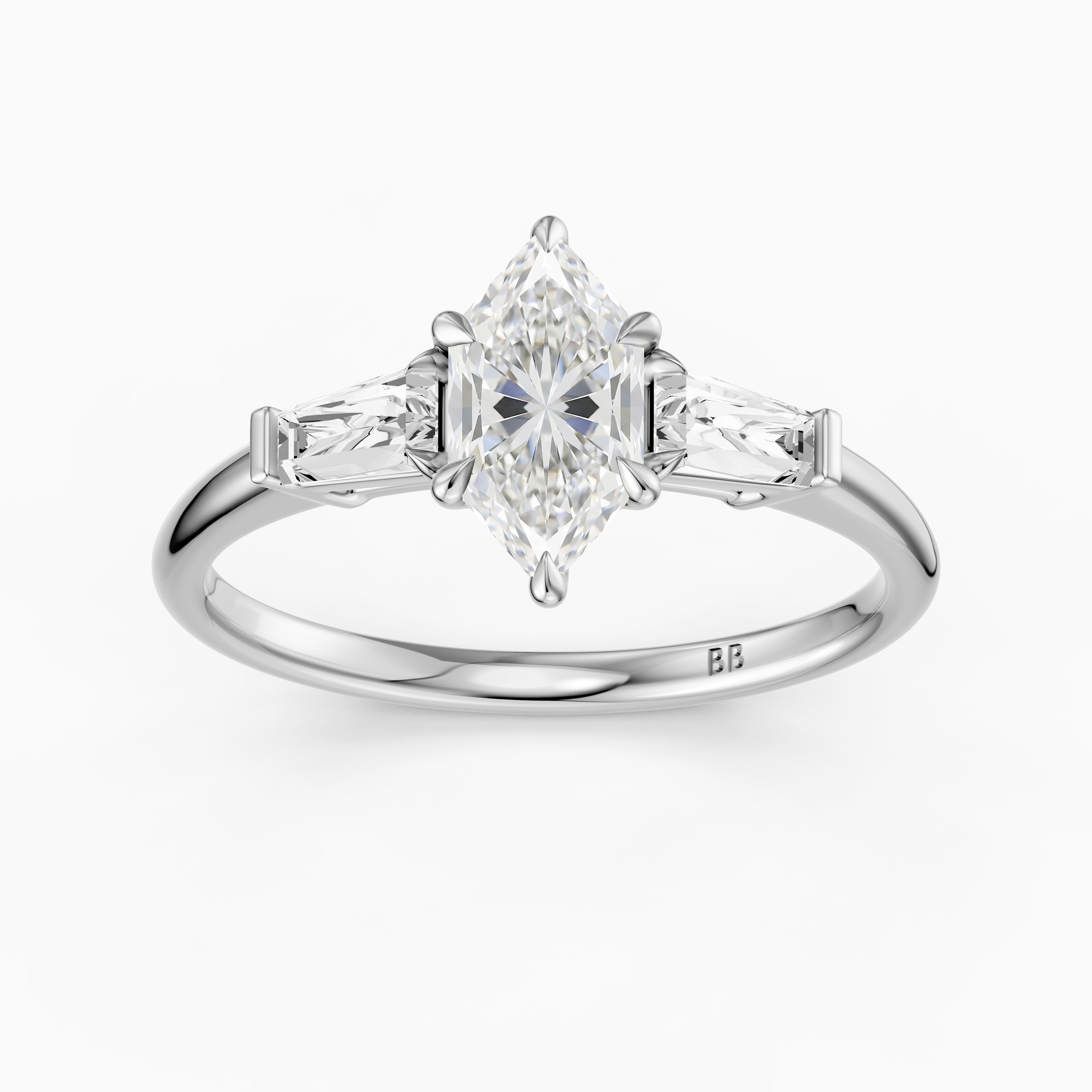 Dulce Dutch Marquise Lab Grown Diamond Three Stone Ring with Tapered Baguettes