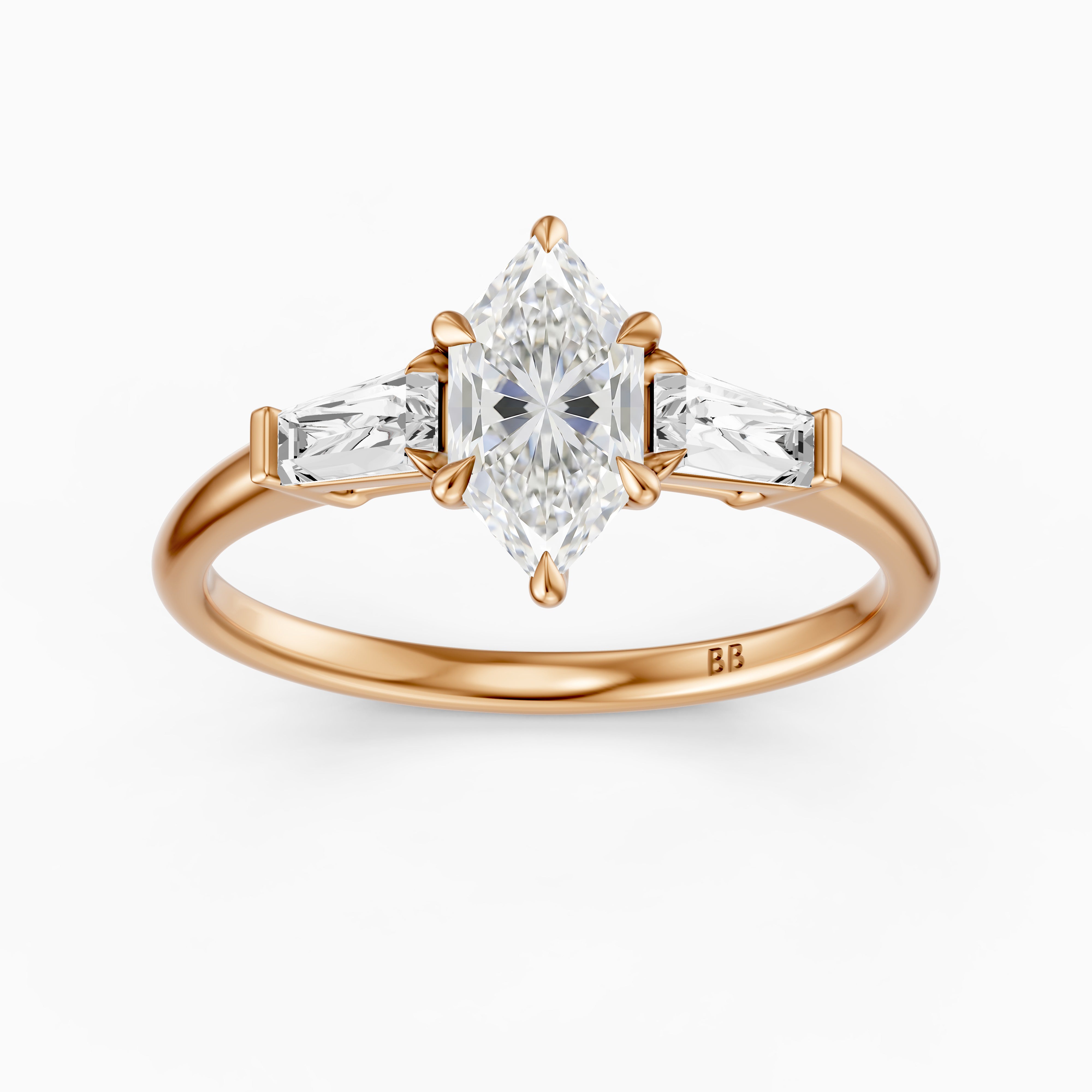 Dulce Dutch Marquise Lab Grown Diamond Three Stone Ring with Tapered Baguettes