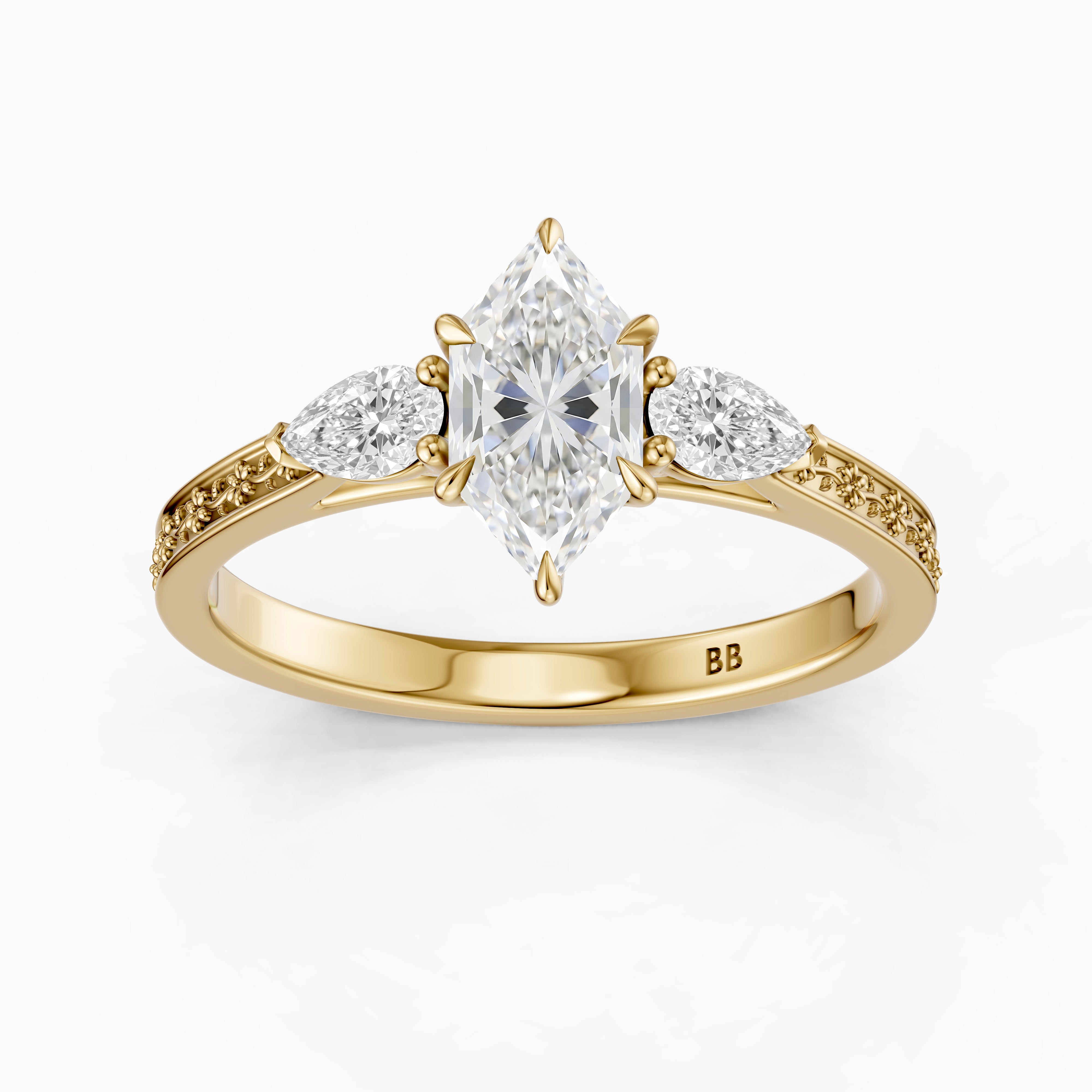 Alzira Dutch Marquise Cut Lab Grown Diamond Vintage Three Stone Ring