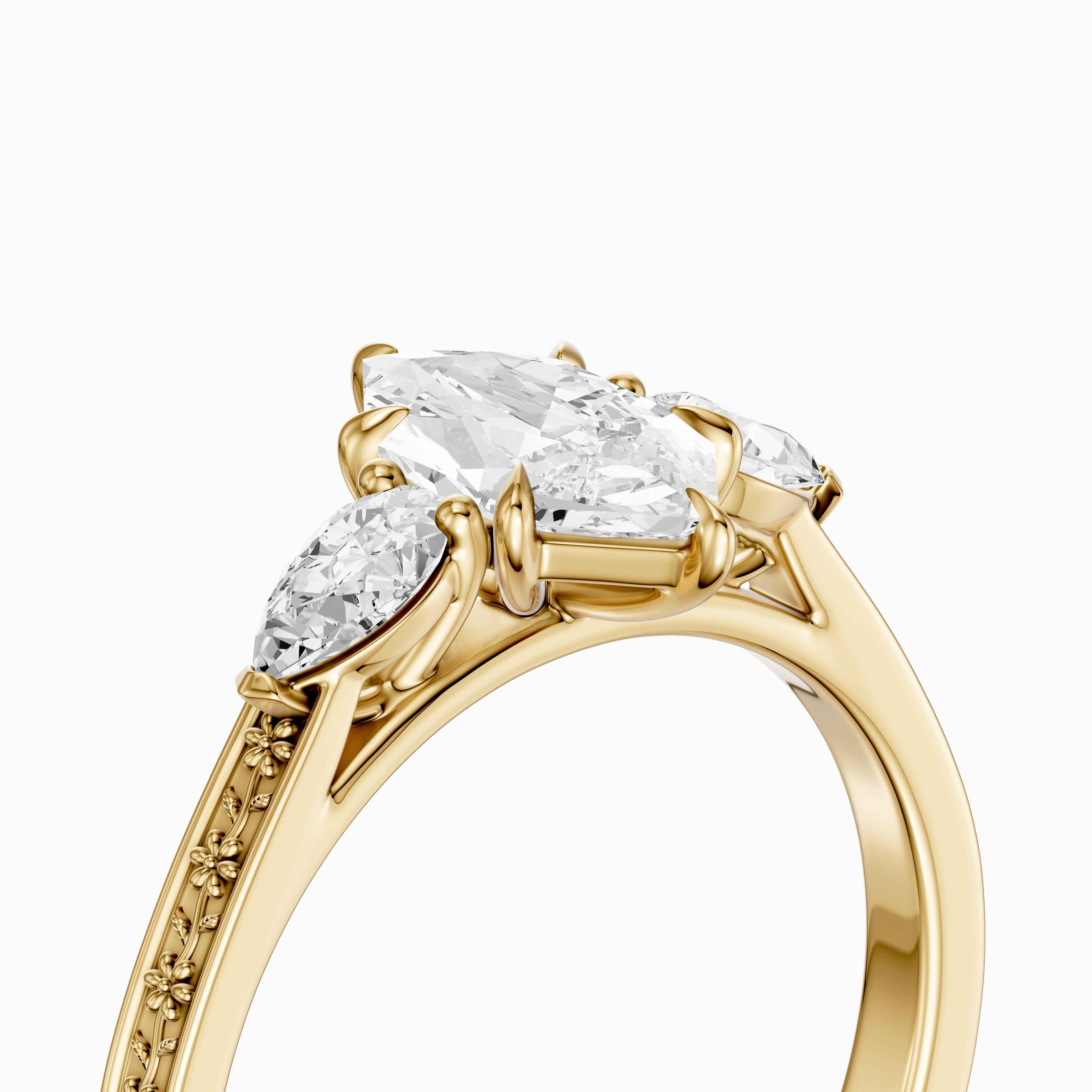 Alzira Dutch Marquise Cut Lab Grown Diamond Vintage Three Stone Ring