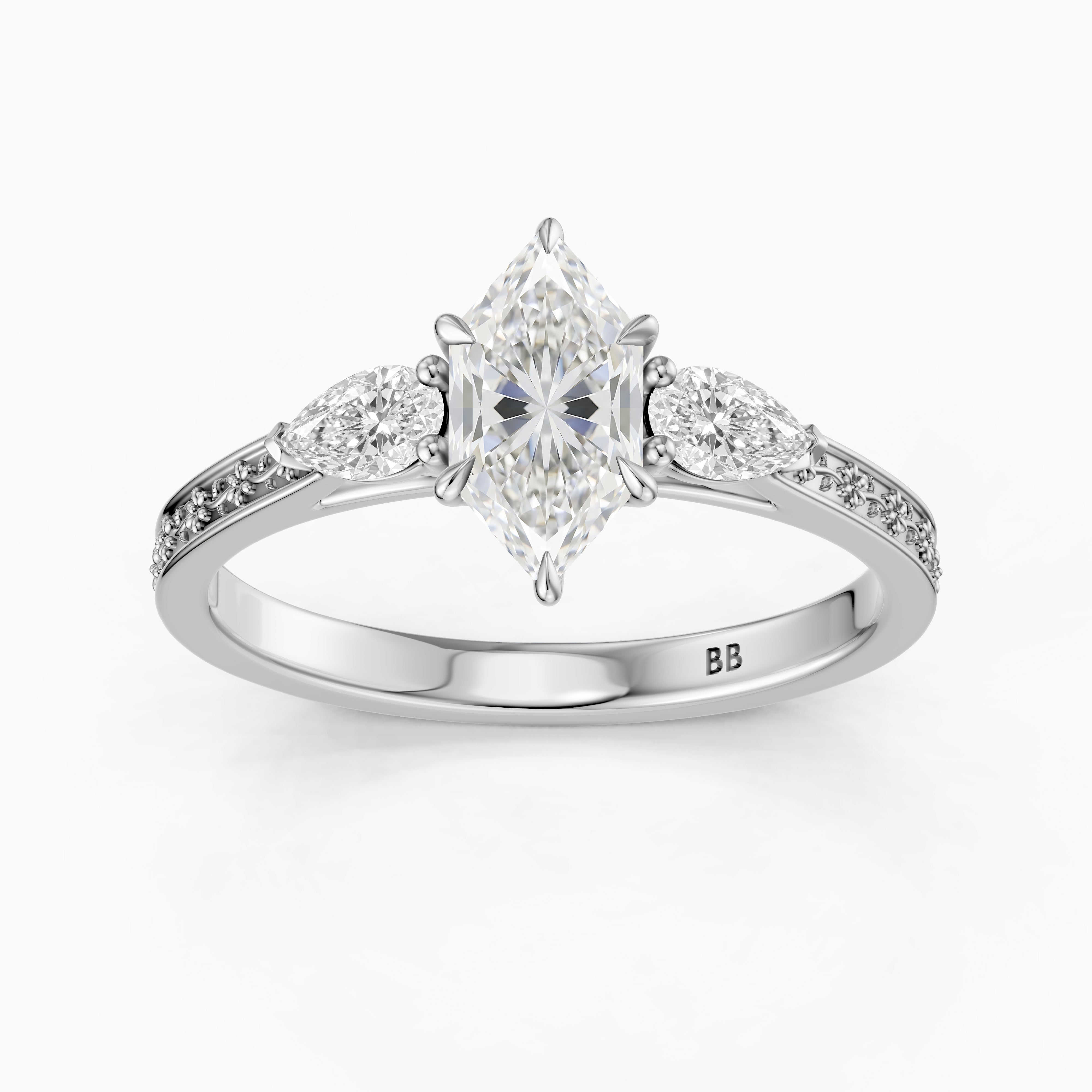 Alzira Dutch Marquise Cut Lab Grown Diamond Vintage Three Stone Ring