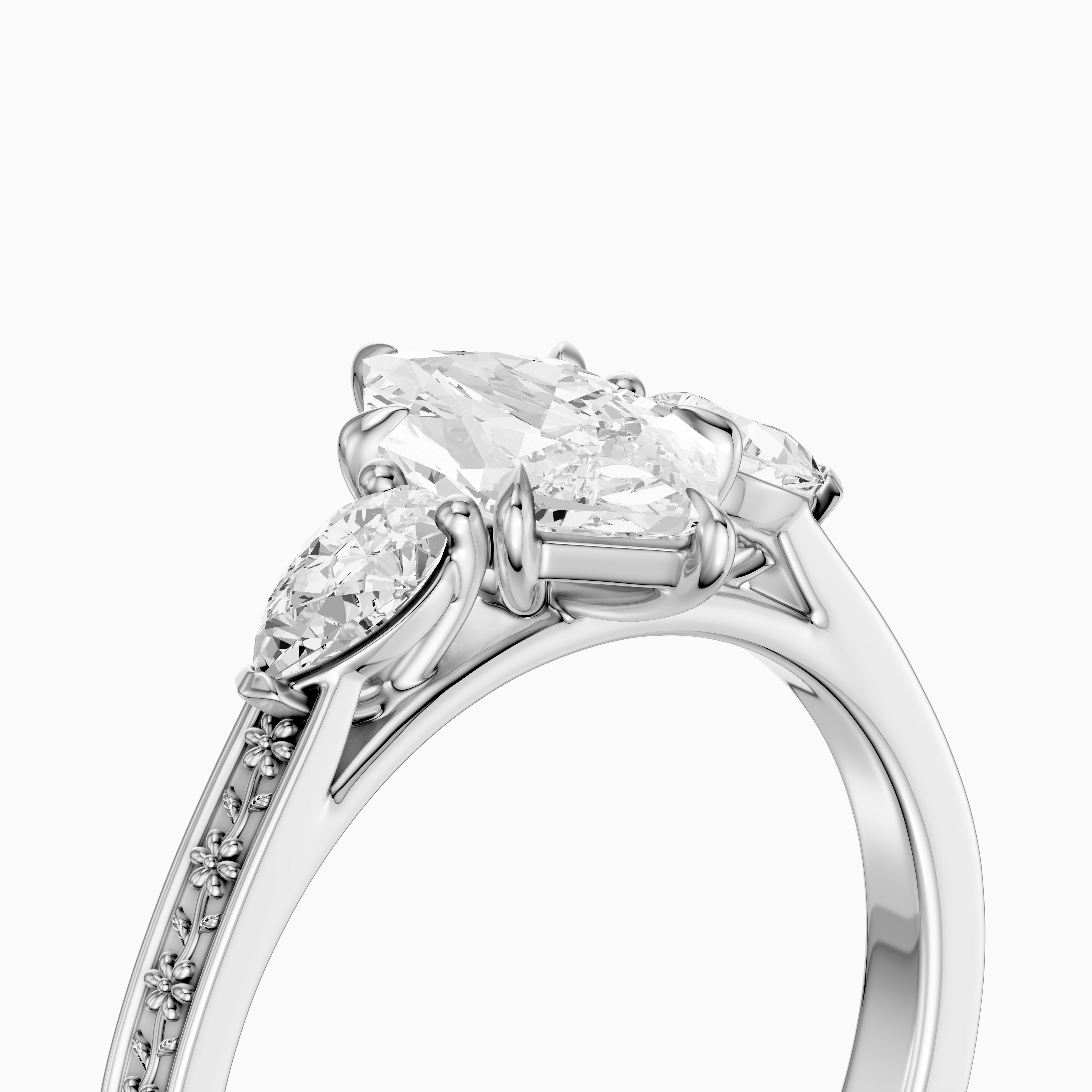 Alzira Dutch Marquise Cut Lab Grown Diamond Vintage Three Stone Ring