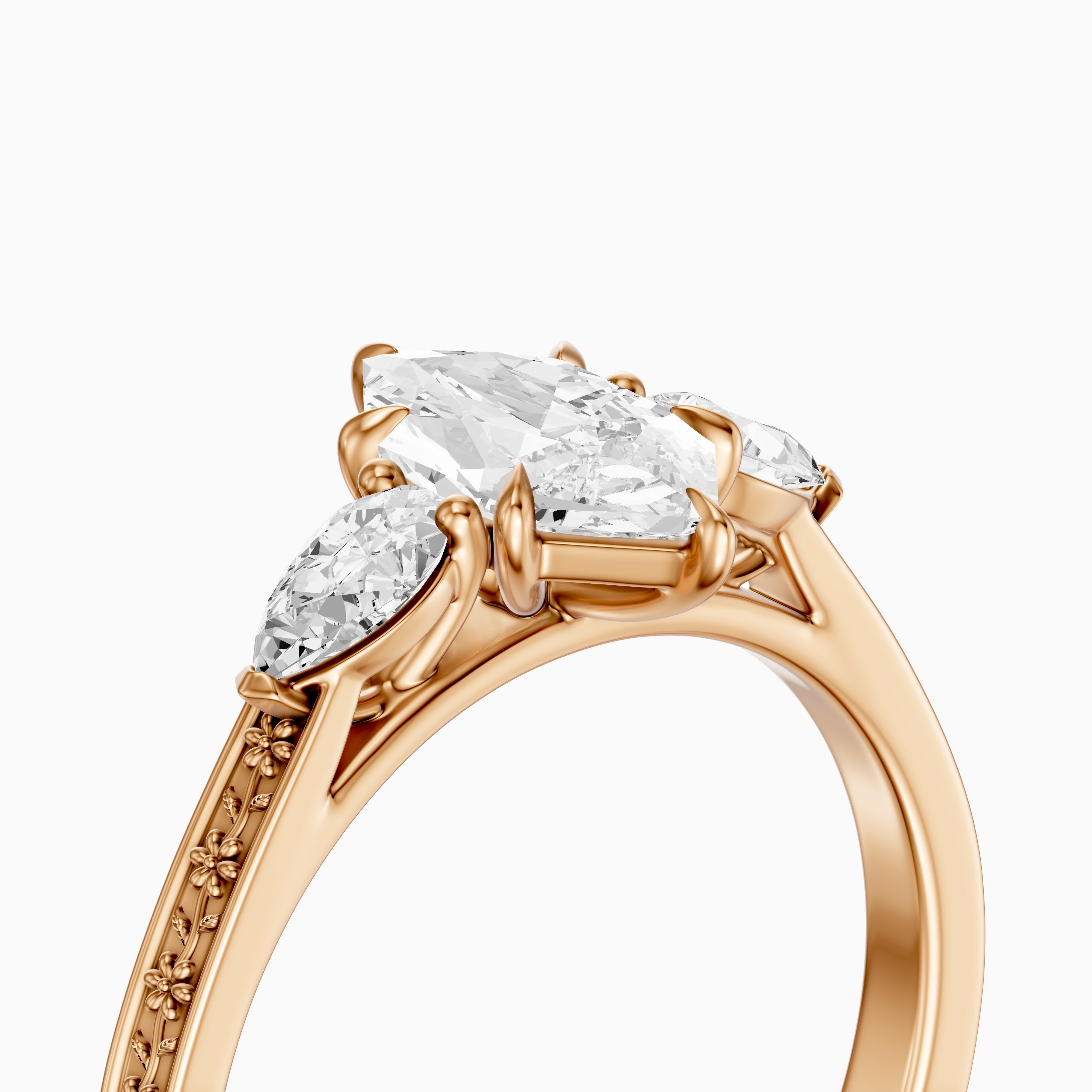 Alzira Dutch Marquise Cut Lab Grown Diamond Vintage Three Stone Ring