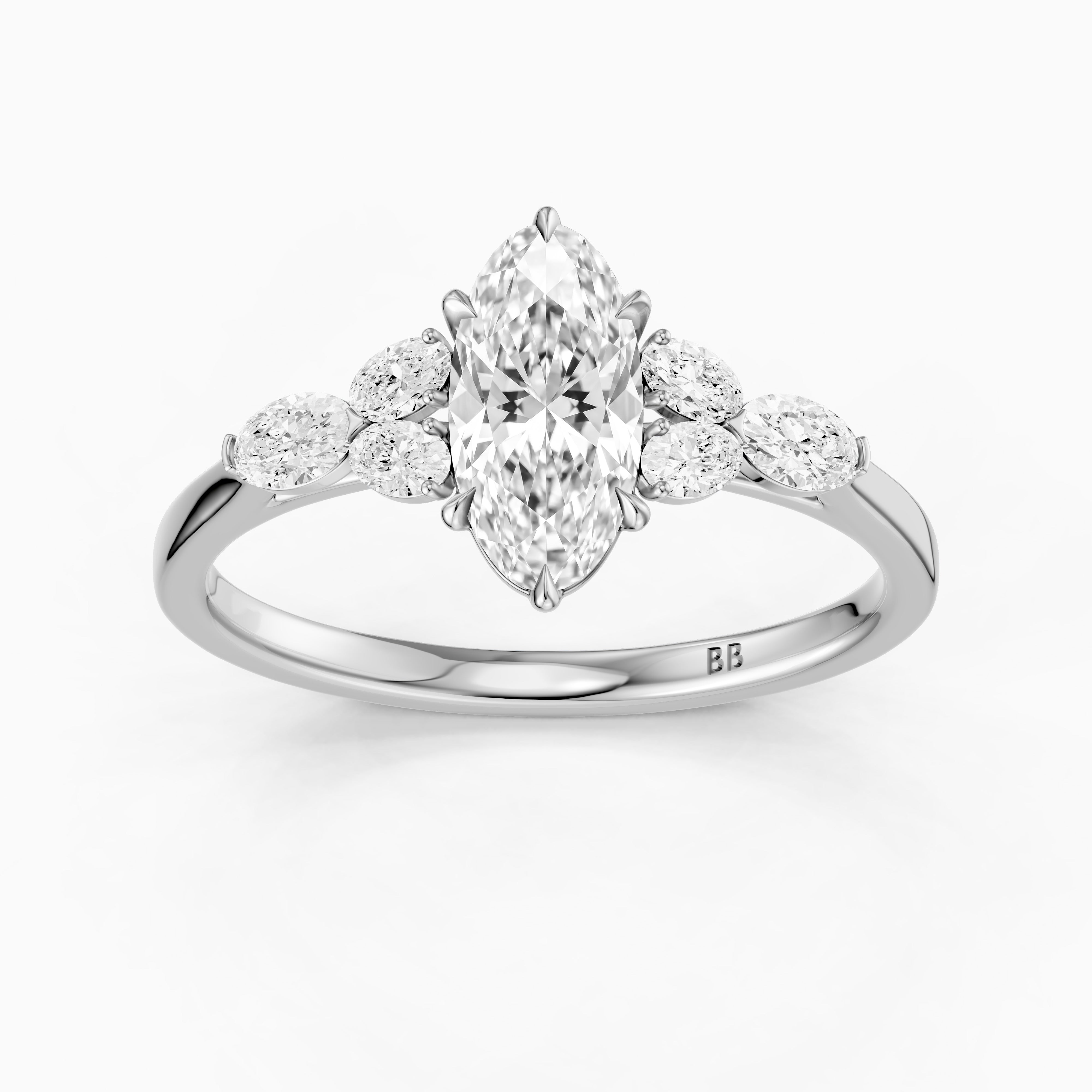 Aroa Moval Cut Moissanite Diamond Ring with Oval Side Stones