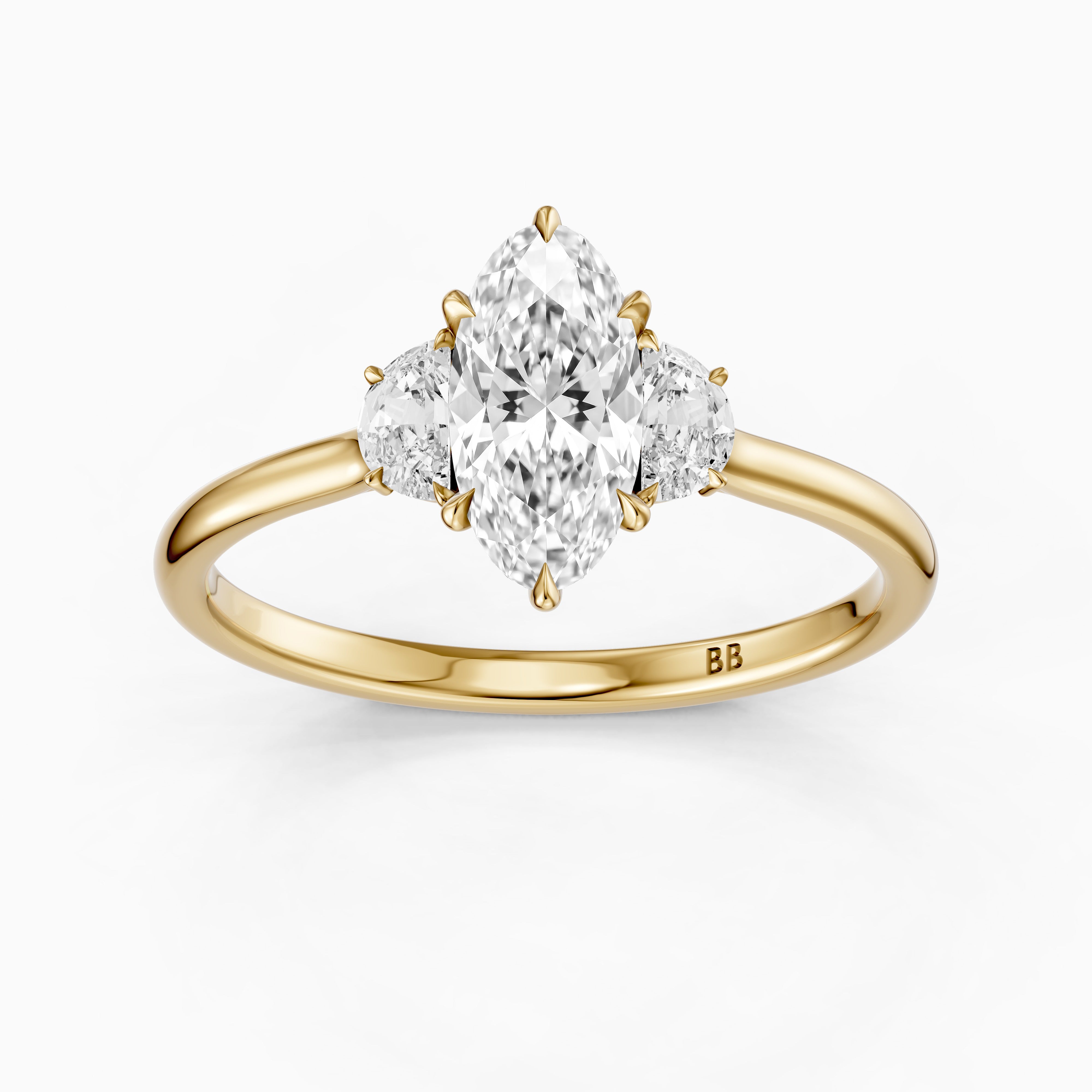 Emery Moval Hidden Halo Moissanite Diamond Ring with Half Moon Sides