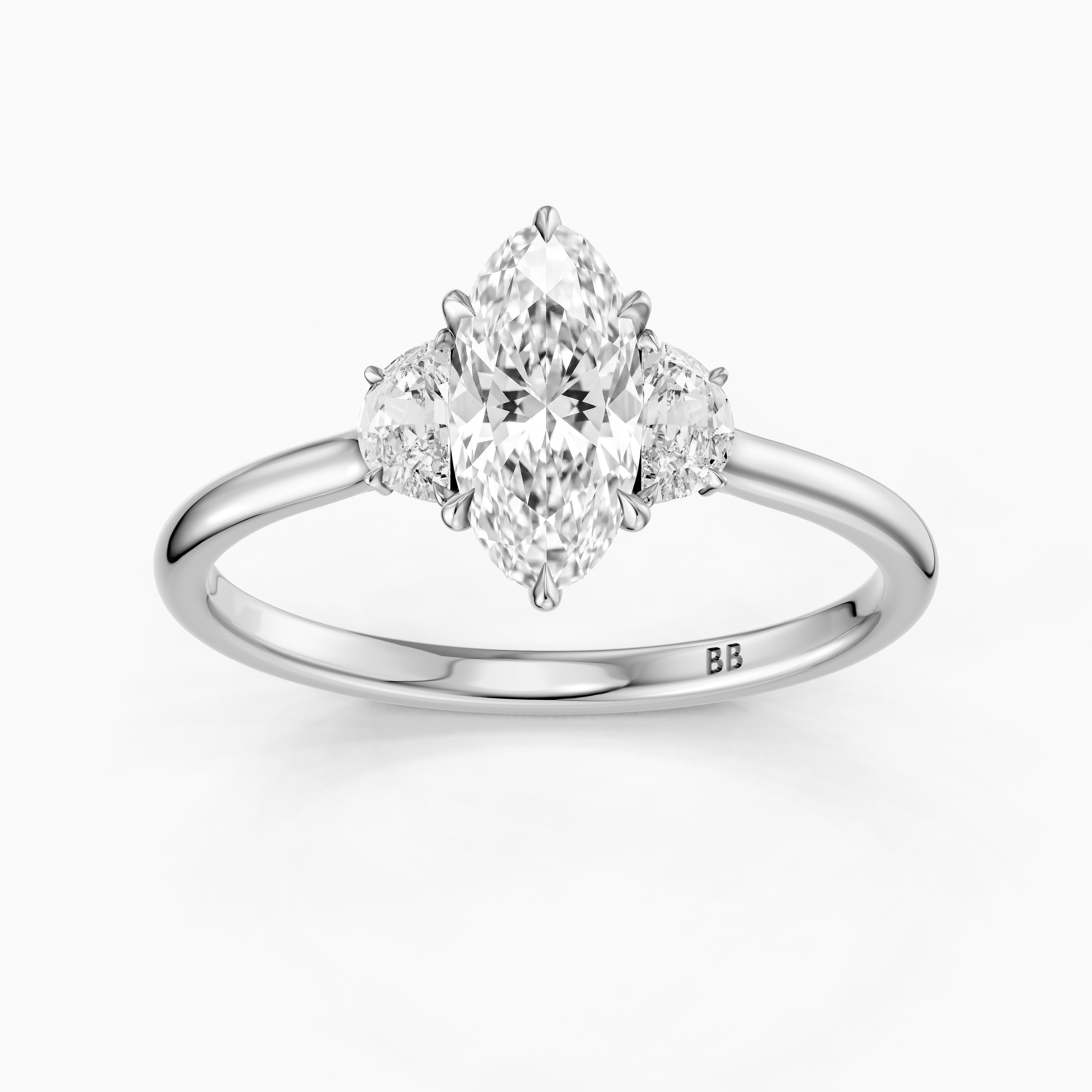 Emery Moval Hidden Halo Moissanite Diamond Ring with Half Moon Sides