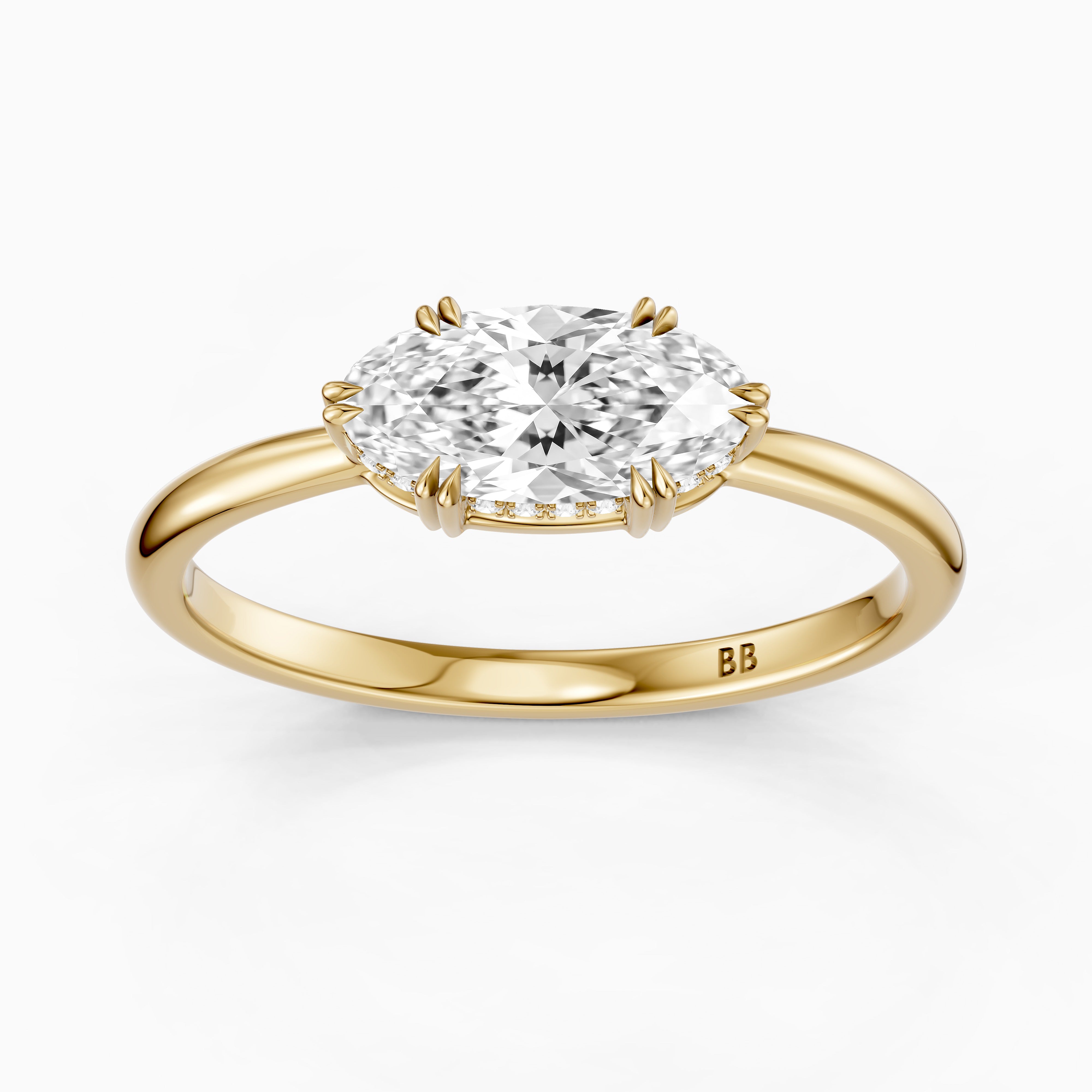 Diana East West Moval Moissanite Diamond Hidden Halo Double Claw Ring