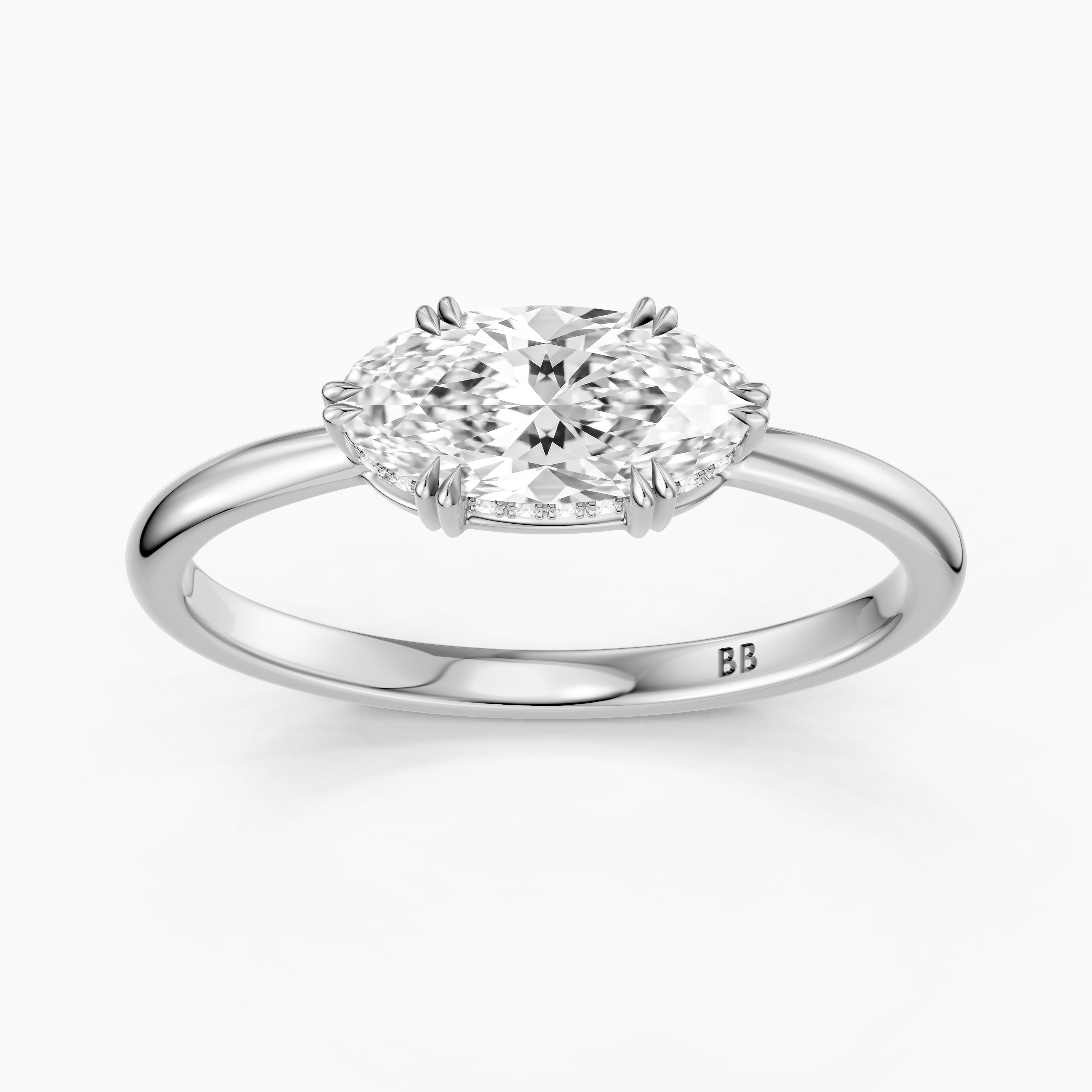 Diana East West Moval Moissanite Diamond Hidden Halo Double Claw Ring