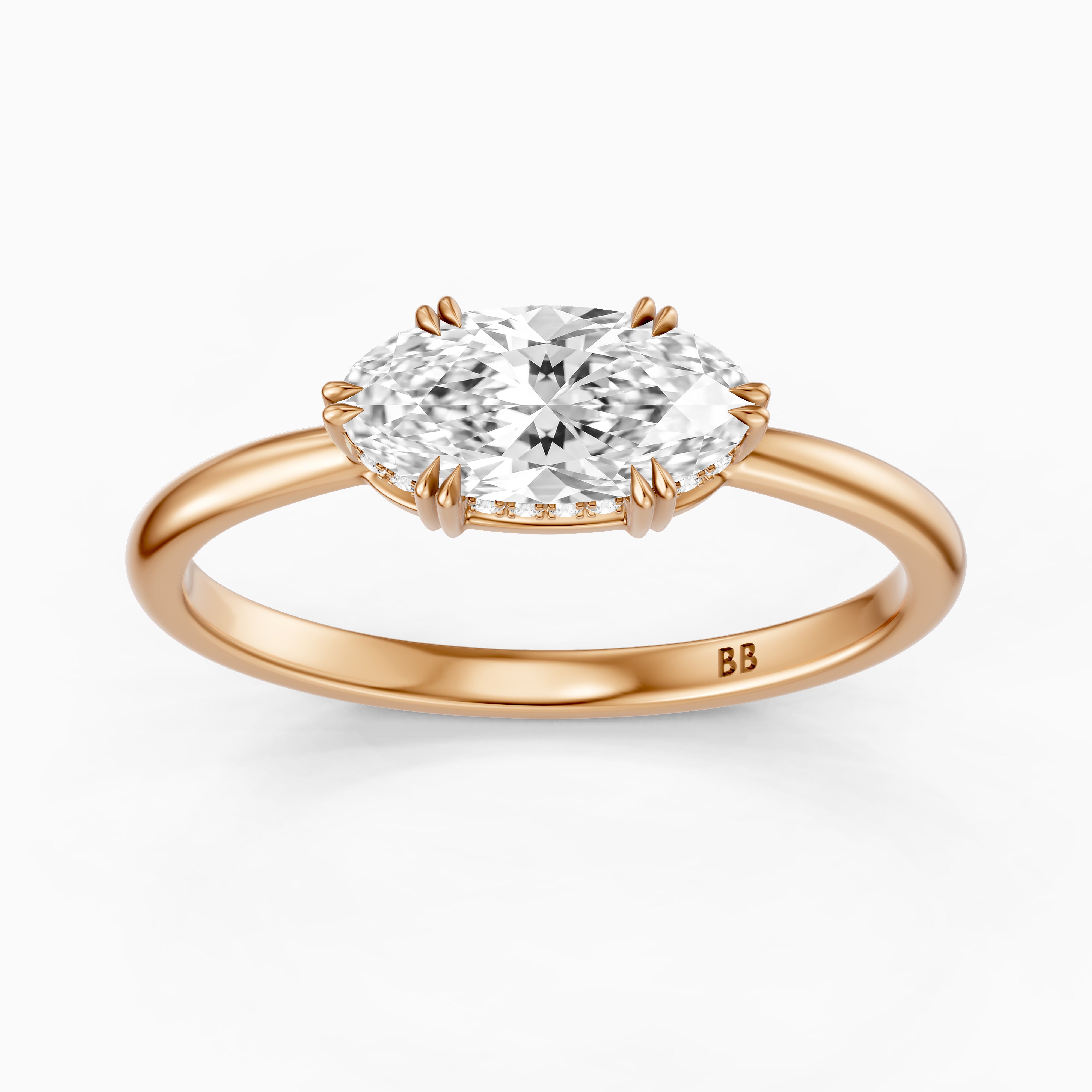 Diana East West Moval Moissanite Diamond Hidden Halo Double Claw Ring