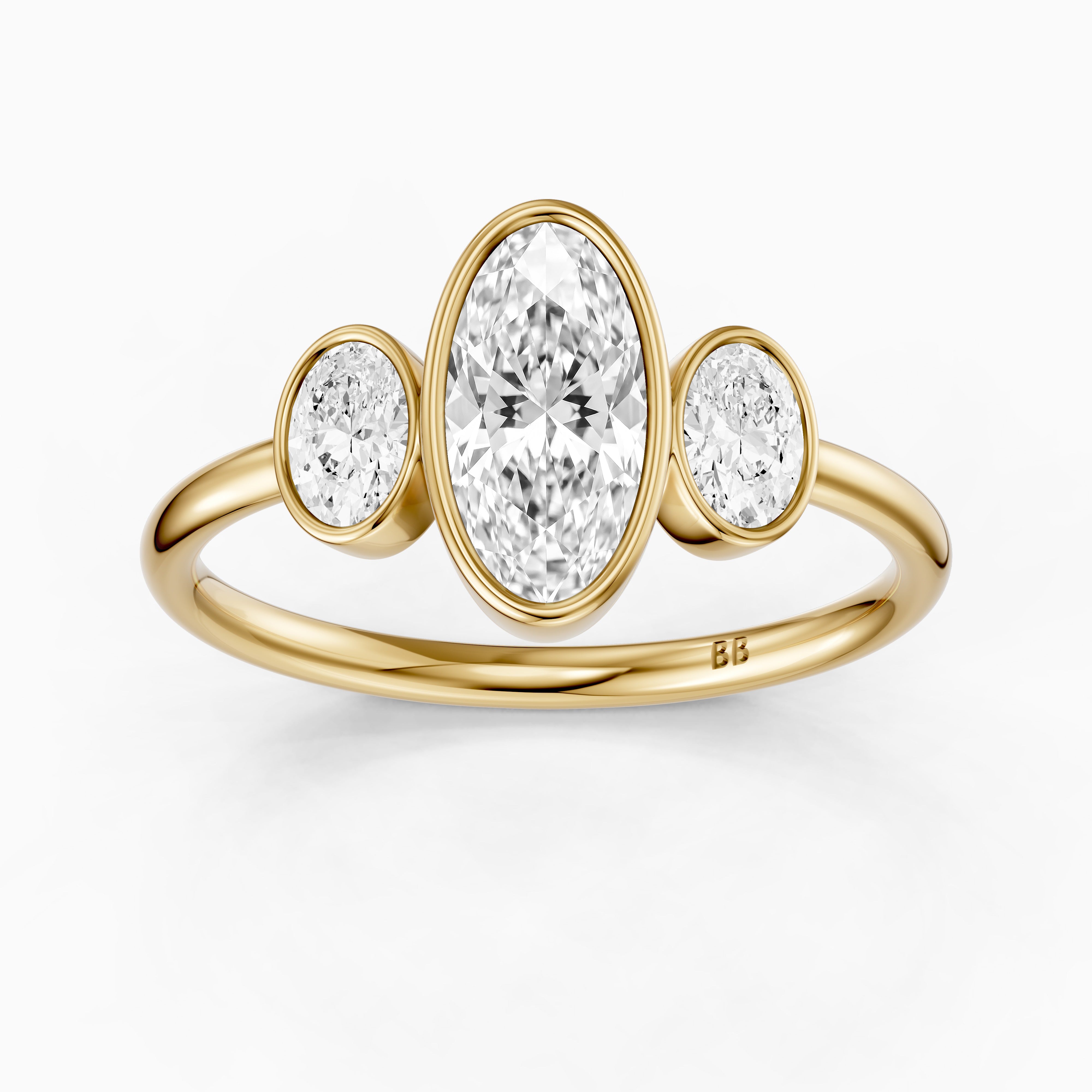 Darcy Moval Cut Moissanite Diamond Bezel Ring with Oval Side Stones