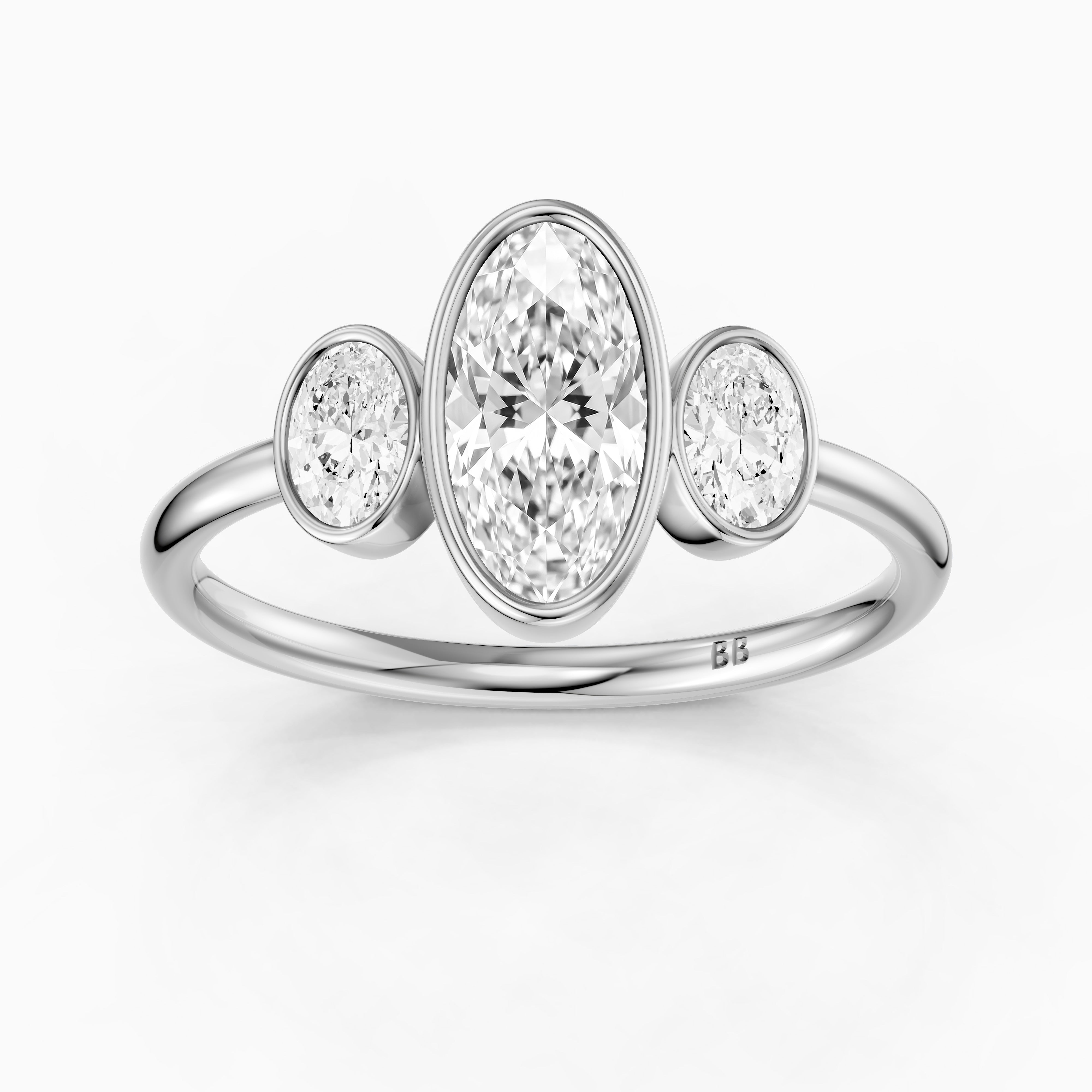 Darcy Moval Cut Moissanite Diamond Bezel Ring with Oval Side Stones