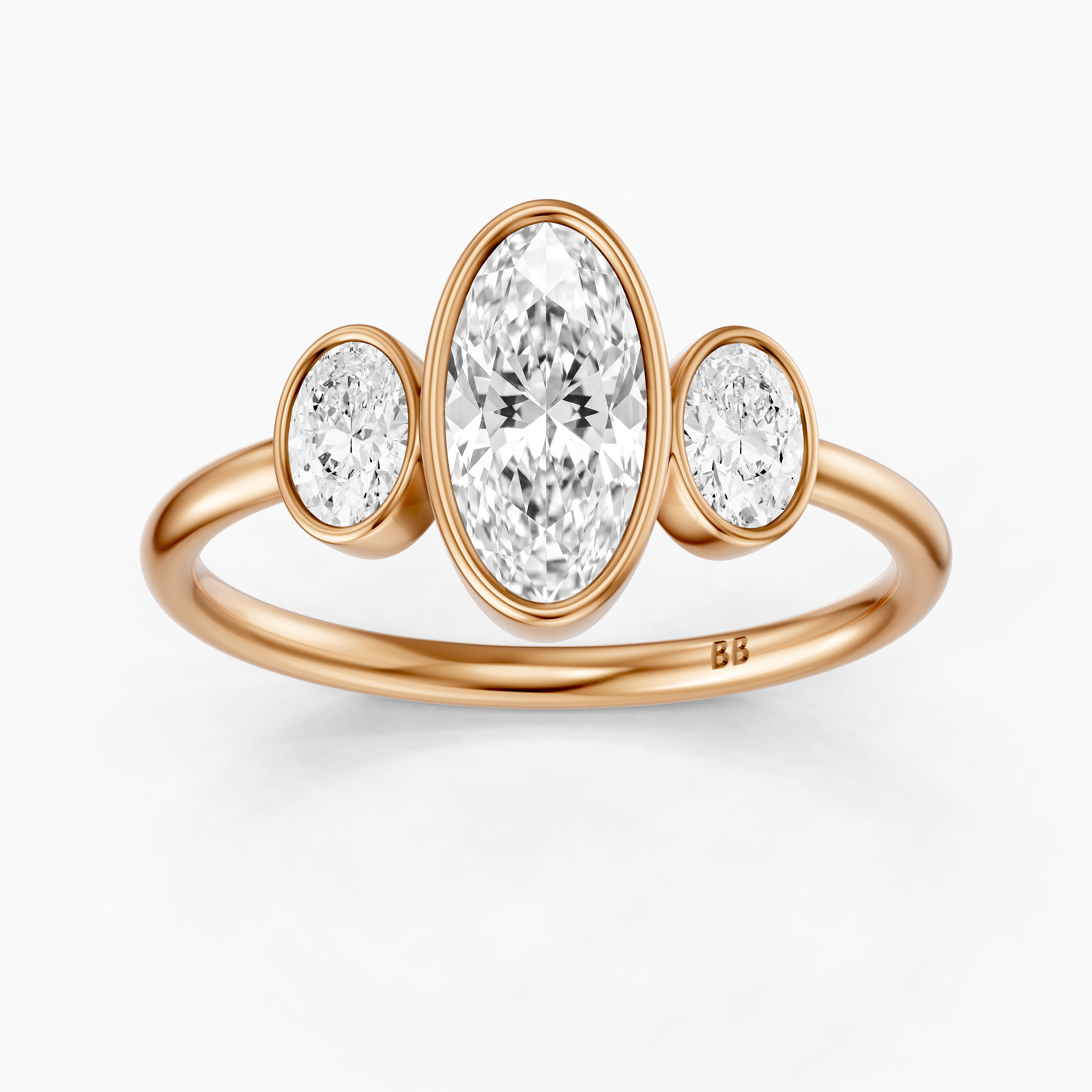 Darcy Moval Cut Moissanite Diamond Bezel Ring with Oval Side Stones