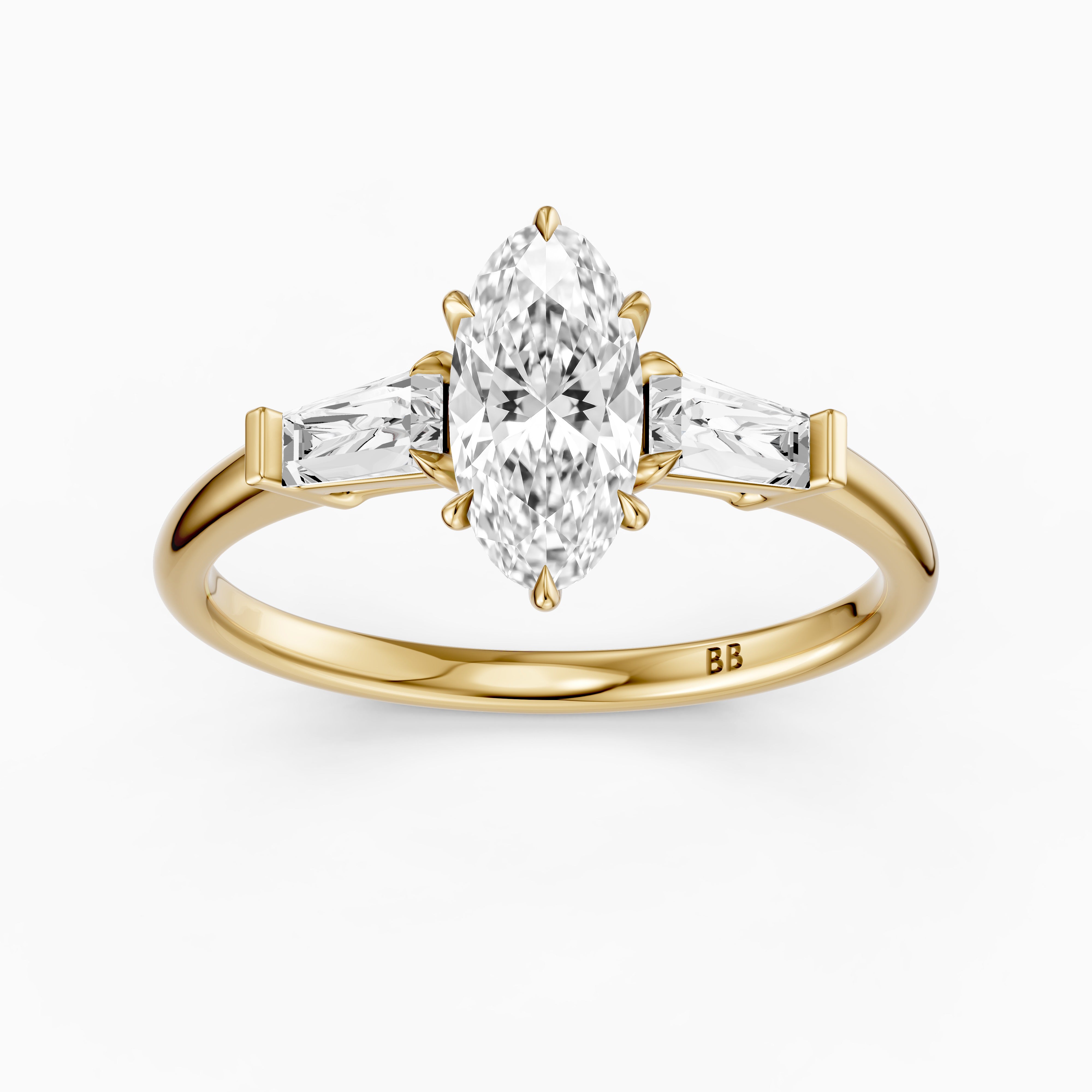 Letizia Three Stone Moval Moissanite Diamond Ring with Tapered Baguettes