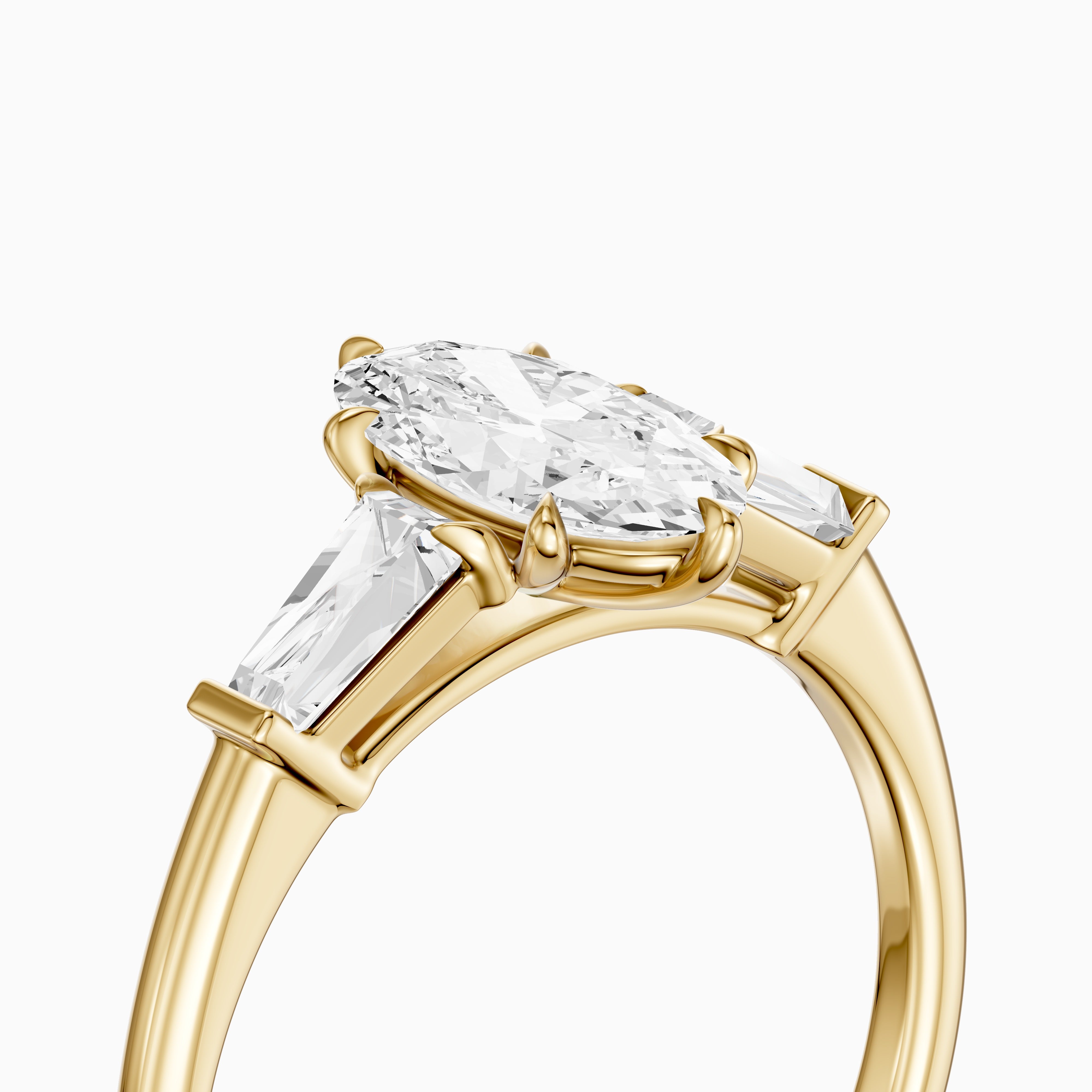 Letizia Three Stone Moval Moissanite Diamond Ring with Tapered Baguettes