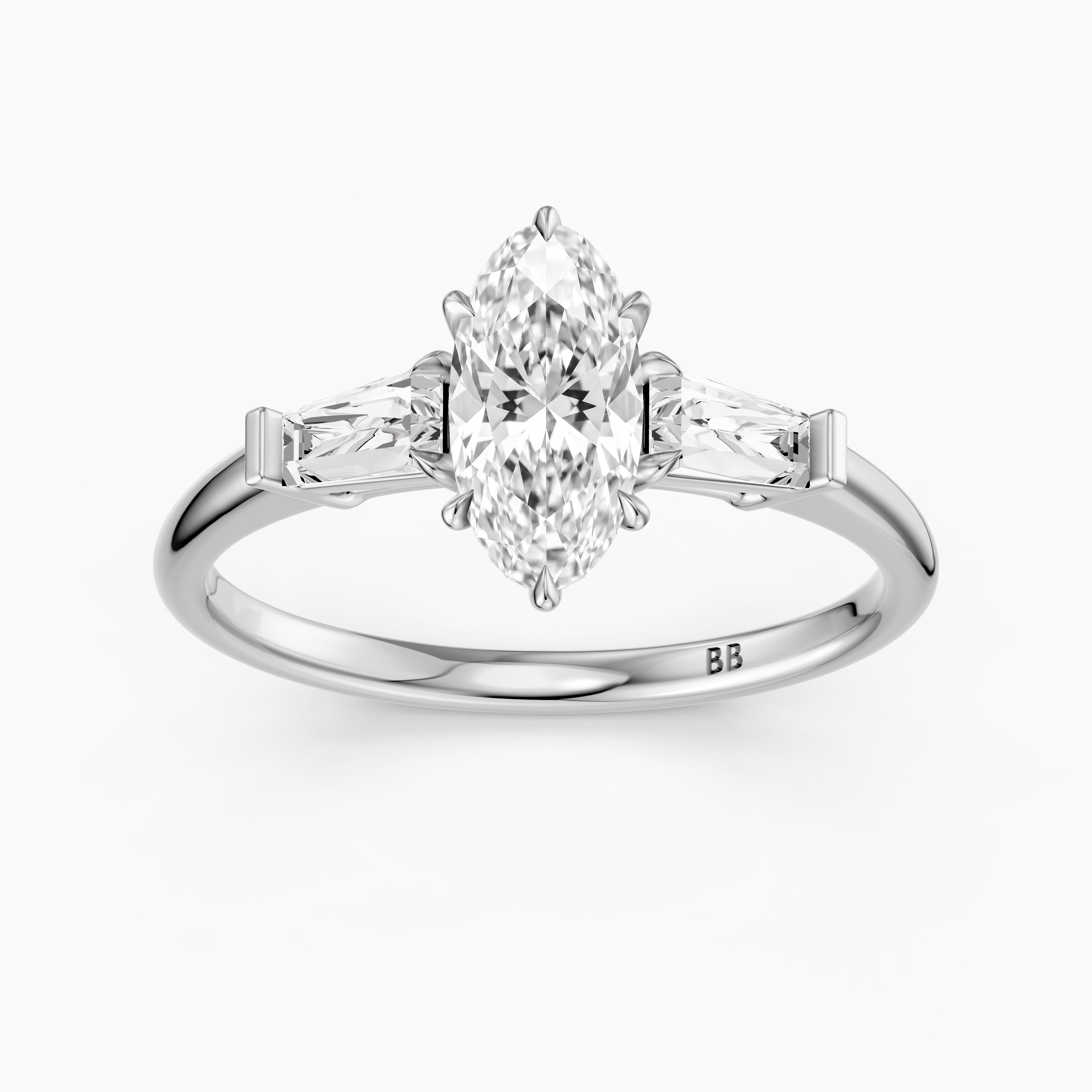 Letizia Three Stone Moval Moissanite Diamond Ring with Tapered Baguettes