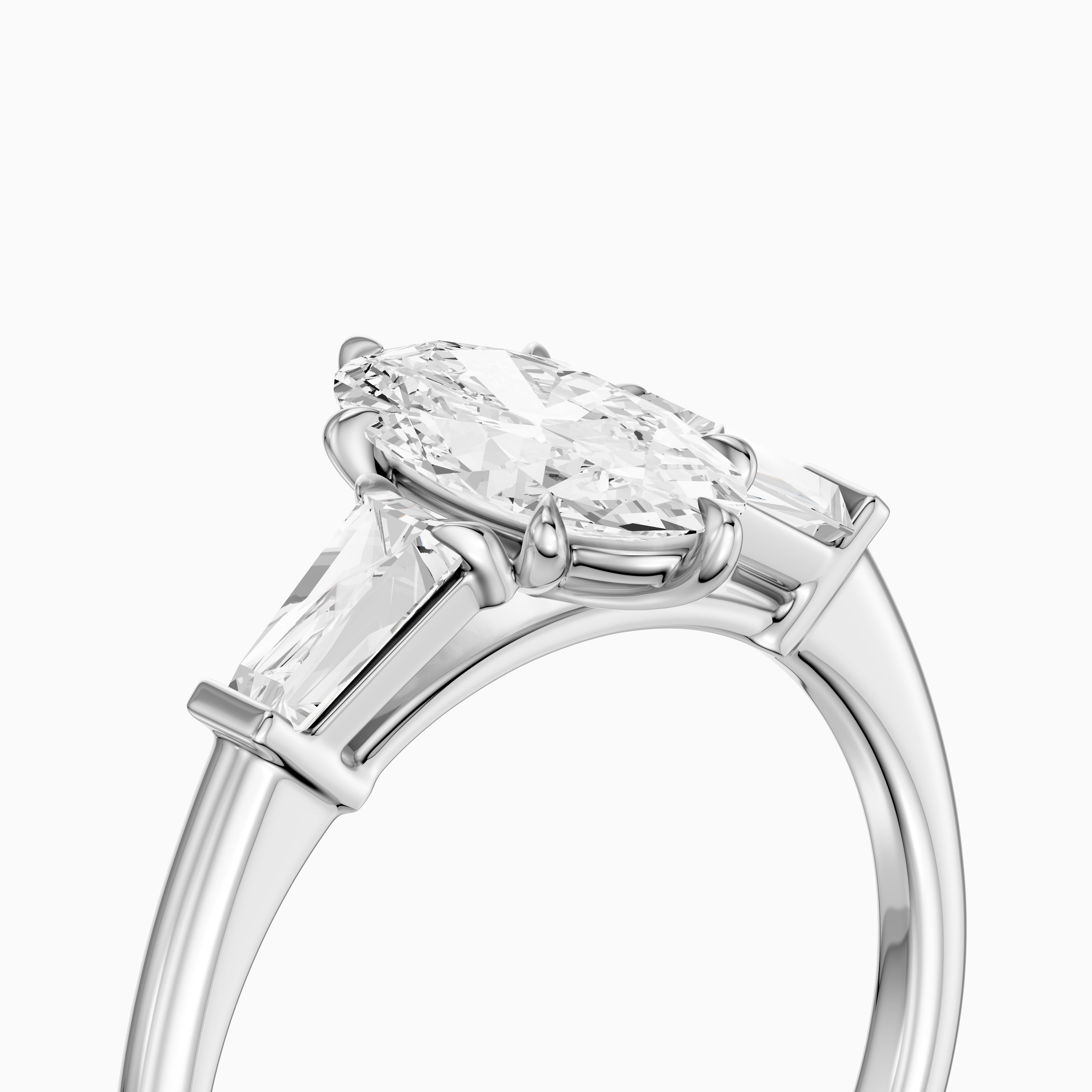 Letizia Three Stone Moval Moissanite Diamond Ring with Tapered Baguettes