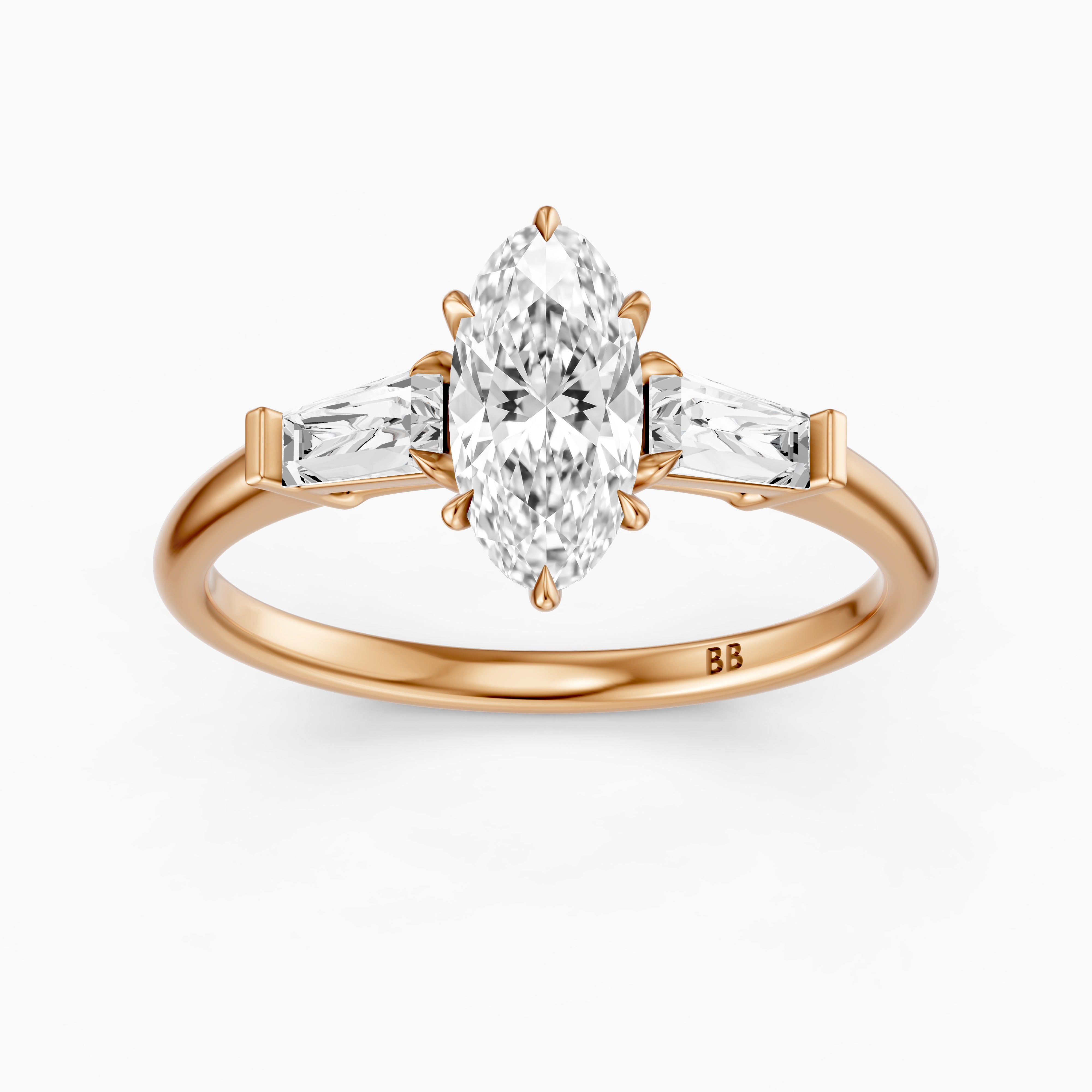 Letizia Three Stone Moval Moissanite Diamond Ring with Tapered Baguettes