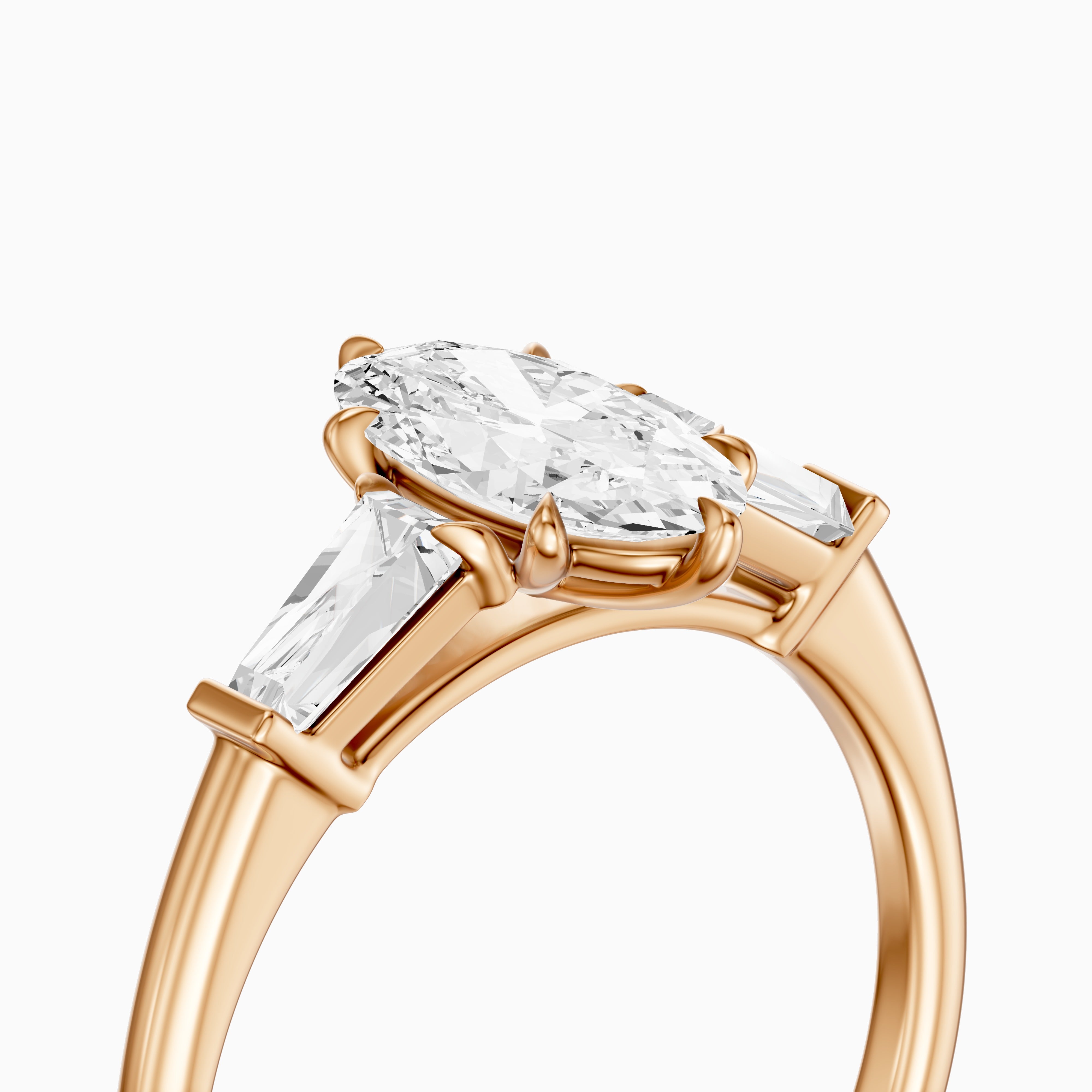 Letizia Three Stone Moval Moissanite Diamond Ring with Tapered Baguettes