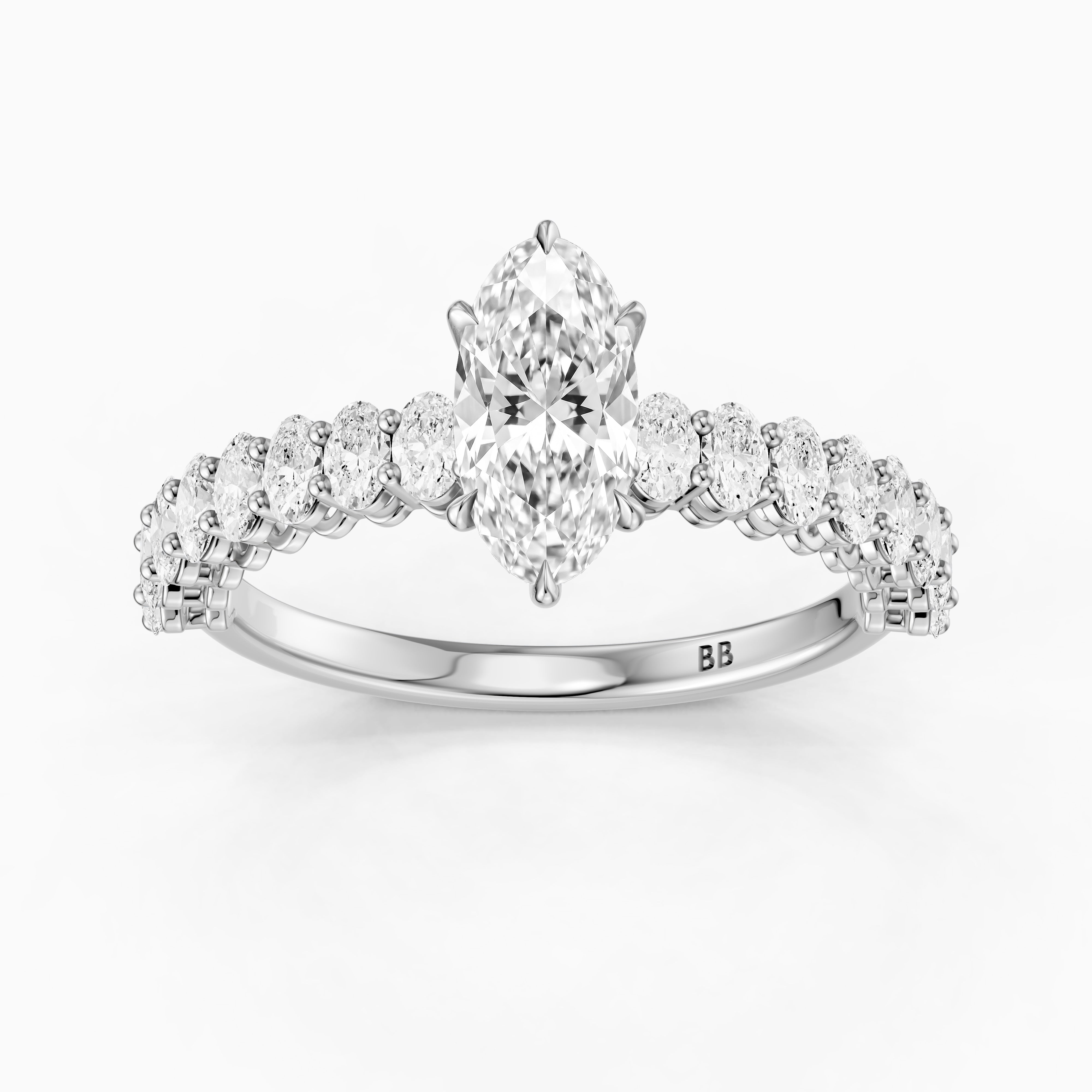 Sybil Moval Cut Moissanite Diamond Ring with Oval Side Diamond Band